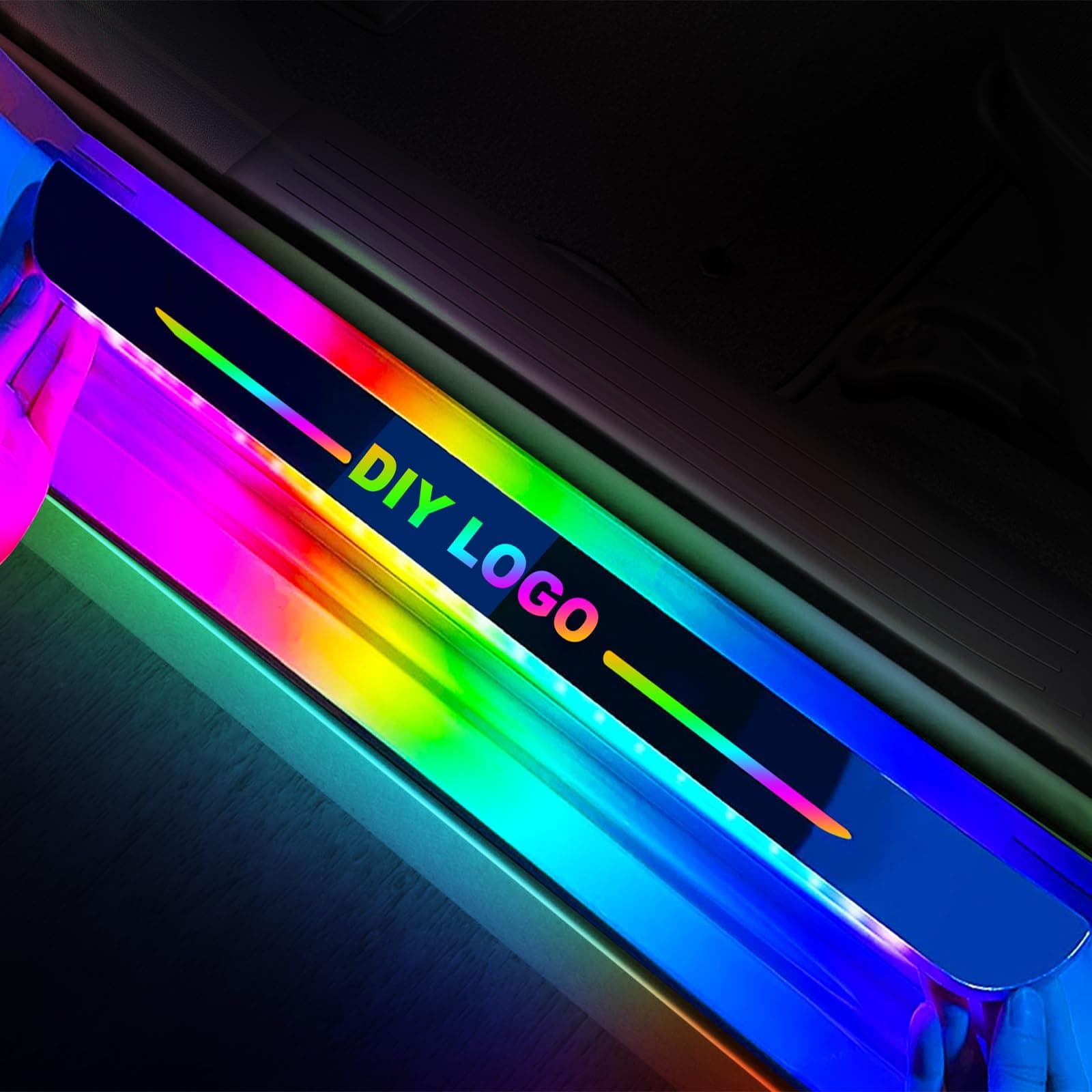 Custom Wireless LED Car Door Sill Lights, High Bright & Sensitive Colorful 7 Color 28 Modes Auto-Sensing Waterproof Car Sill Light Plate, Car LED Doorsill Lights