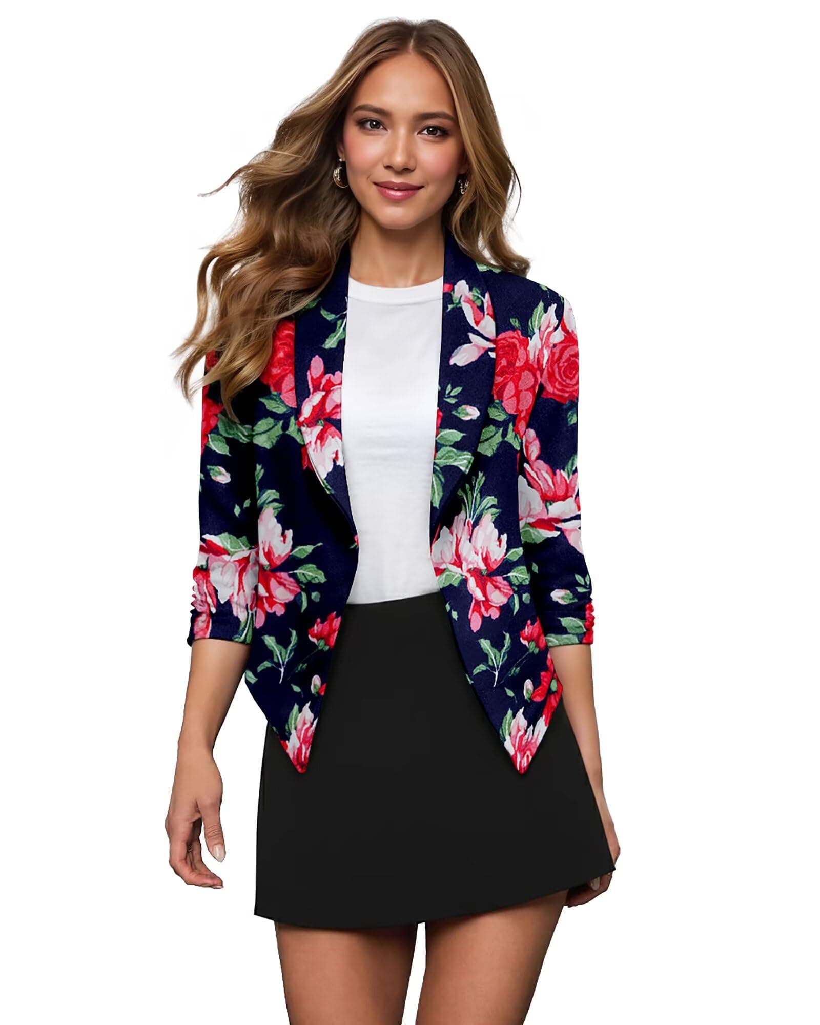 Women's Casual Work Office Blazer Jacket Open Front Shawl with 3/4 Scrunch Sleeves