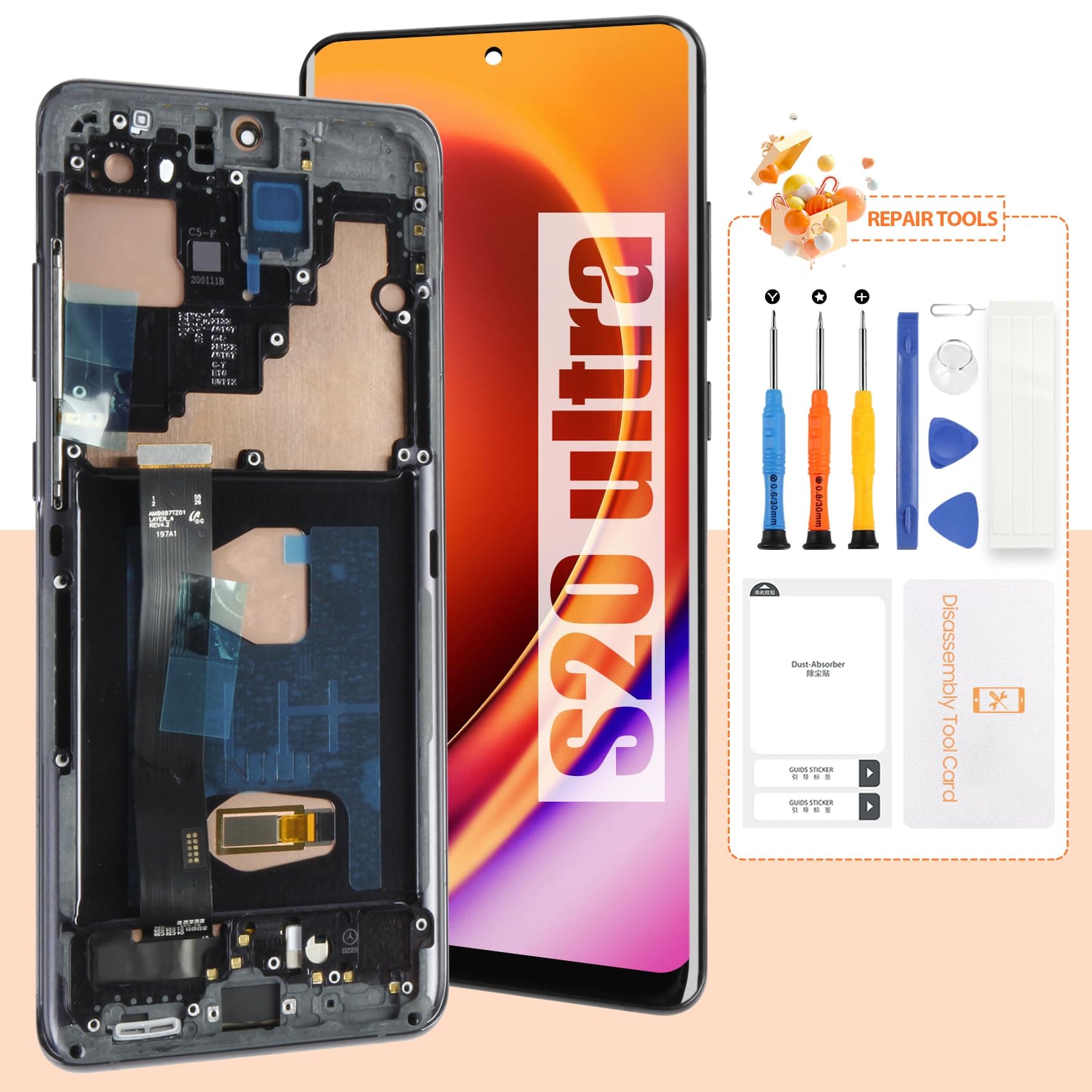 AMOLED Screen for Samsung S20 Ultra 5G Screen Replacement S20 Ultra LCD Screen SM-G988,SM-G988U Touch Display Digitizer Assembly Repair Parts with Frame(with Fingerprint Function) (Black)