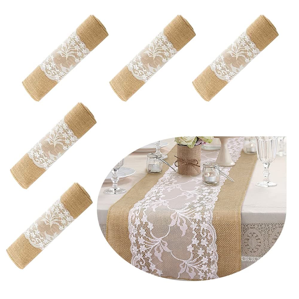 5 Pack boyspringg Burlap Table Runner -- Burlap Lace Table Runner for Wedding , 12X108 inches , Jute Table Decor for Wedding Reception , Thanksgiving , Christmas & Party Farmhouse Kitchen etc.
