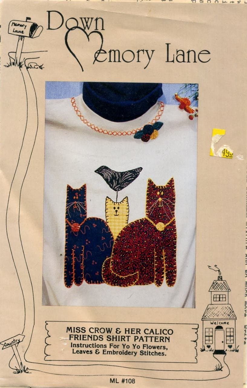 Miss Crow and Her Calico Friends Cat Shirt Pattern Applique Embroidery