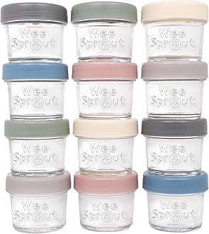Baby Food Storage Jars with Lids (4 oz, 12 Pack) - Reusable Baby Food Jars with Lids, Storage Containers for Snacks, Puree, or Breast Milk for Refrigerator, Freezer and Microwave Safe, Baby Essentials
