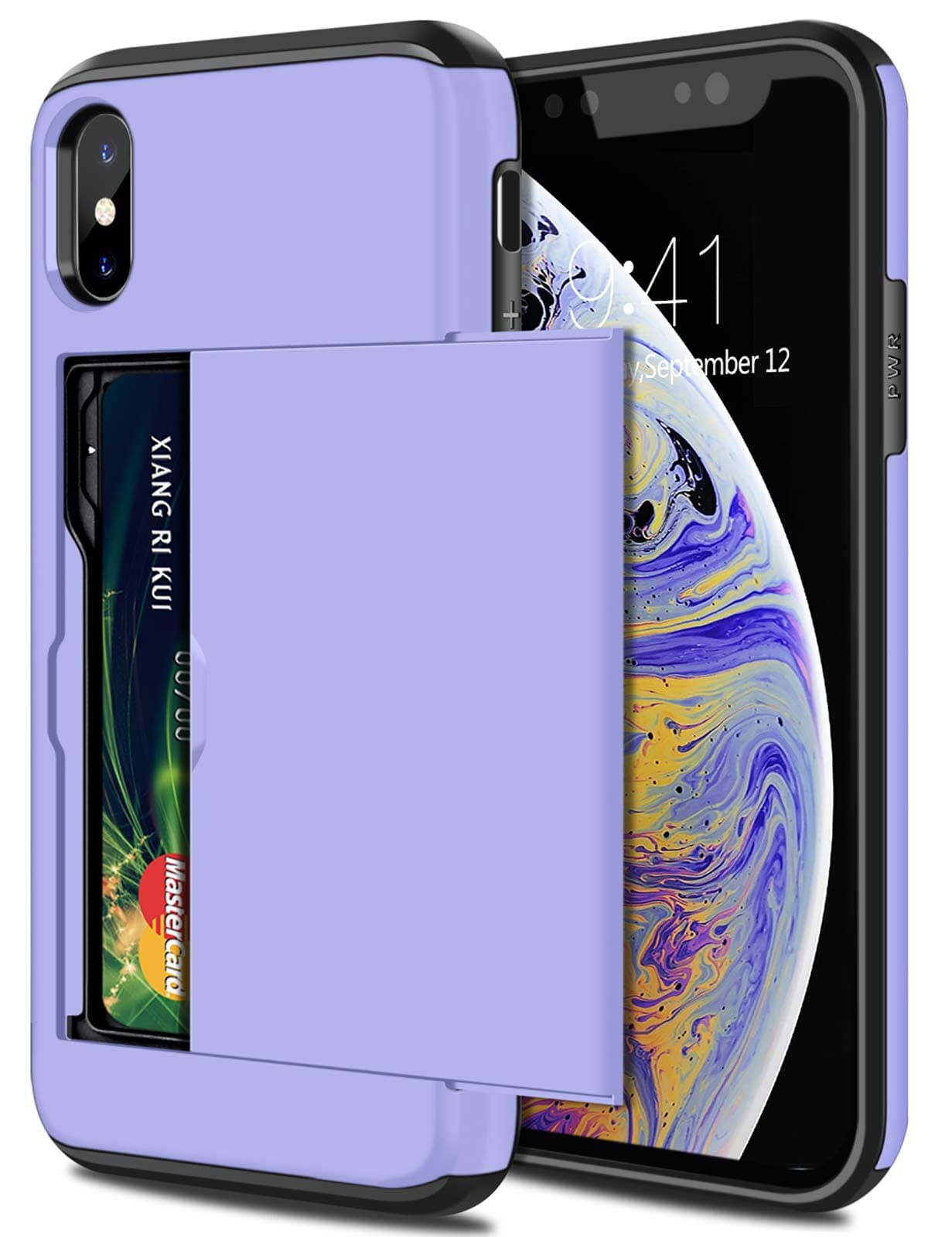 SAMONPOW for iPhone X/XS Case Wallet Card Holder for iPhone 10 Case Wallet Card Holder Heavy Duty Protection Shockproof Anti Scratch Soft Rubber Bumper Cover for iPhone X XS 10 5.8 inch Light Purple