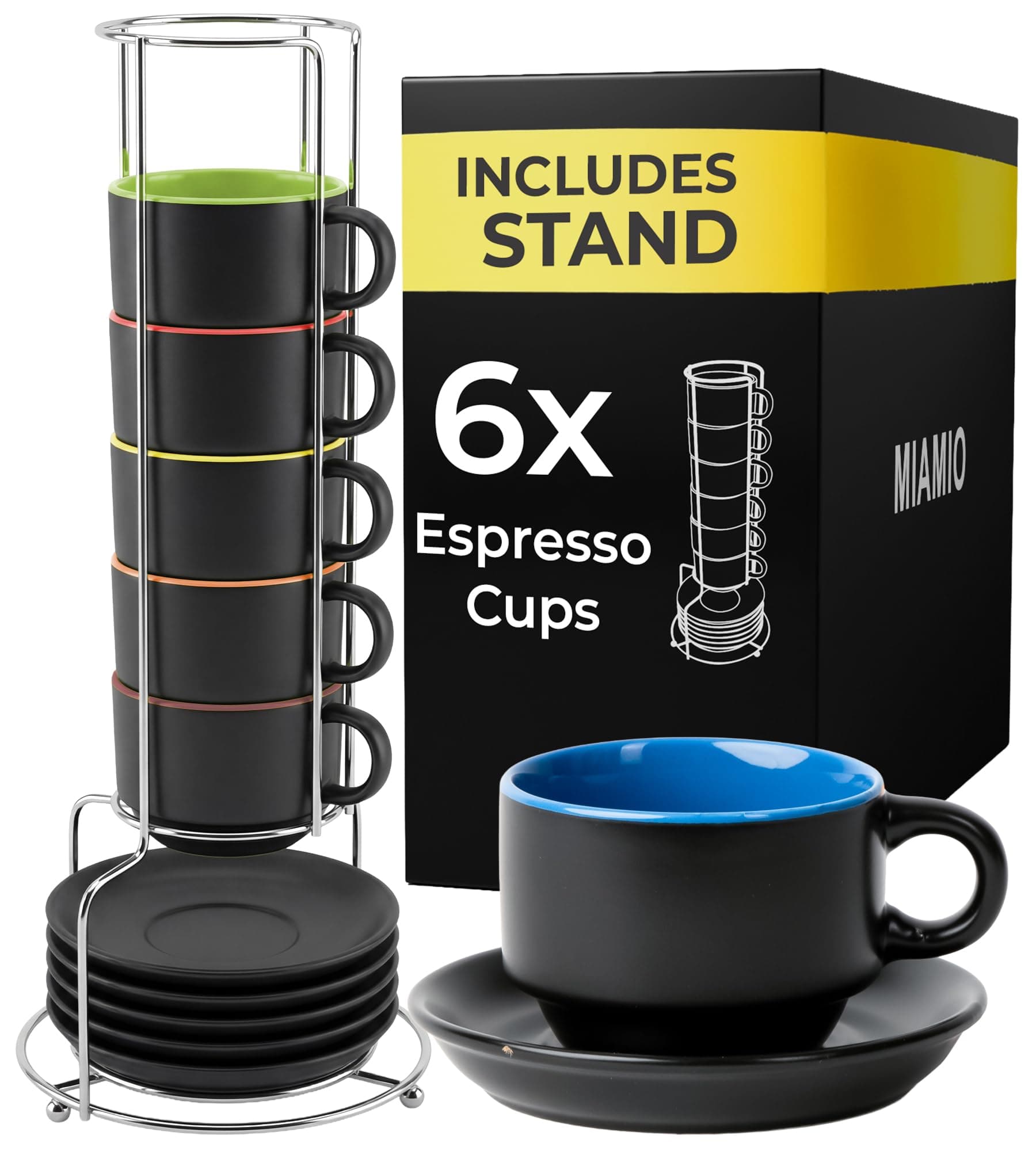 MIAMIO - 6 x 75 ml Stoneware Espresso Mug/Cup Set Outside Black Inside Colourful (Mixed)