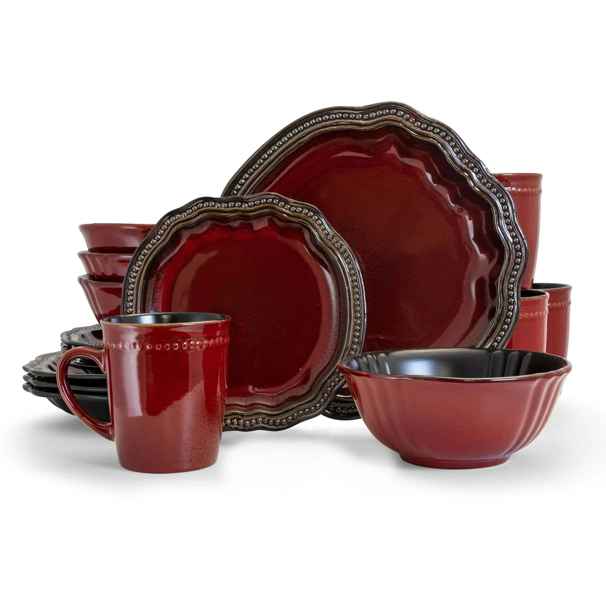 Elama Stoneware Round Oval Dinnerware Dish Set Dark Red
