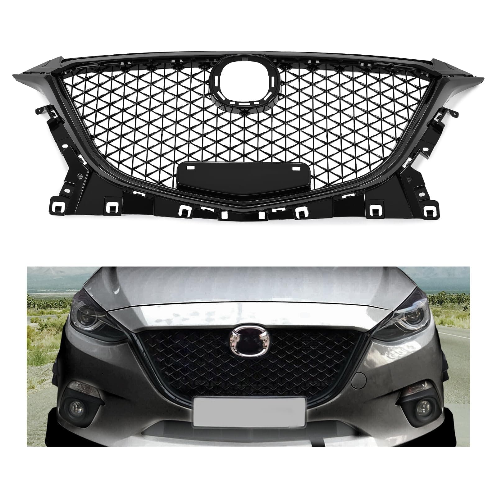 KUAFU Front Grill Compatible with 2014 2015 2016 Mazda 3 Axela Bumper Upper Hood Grille Painted Black