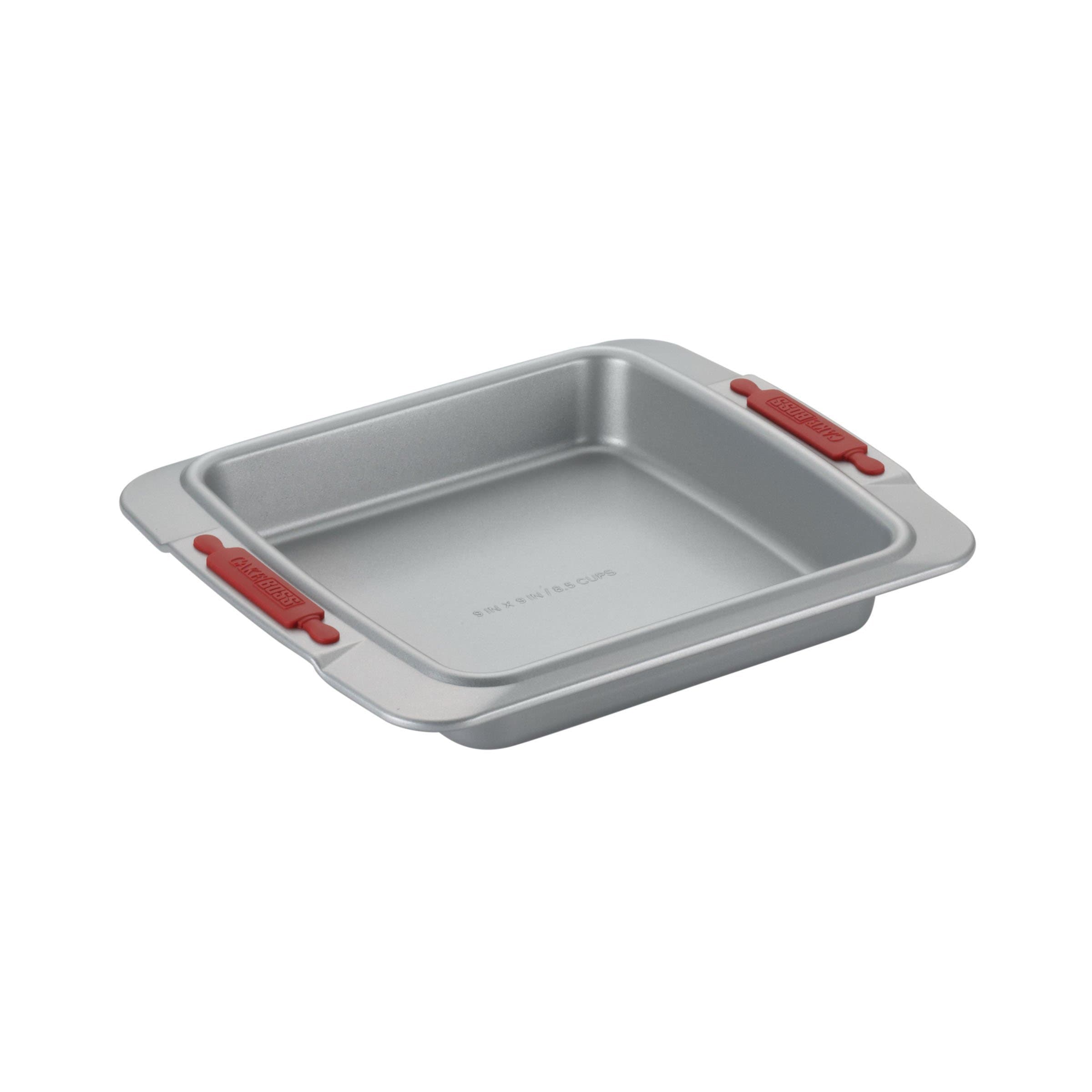 Cake Boss Deluxe Nonstick Bakeware 9-Inch Square Cake Pan, Gray with Red Silicone Grips
