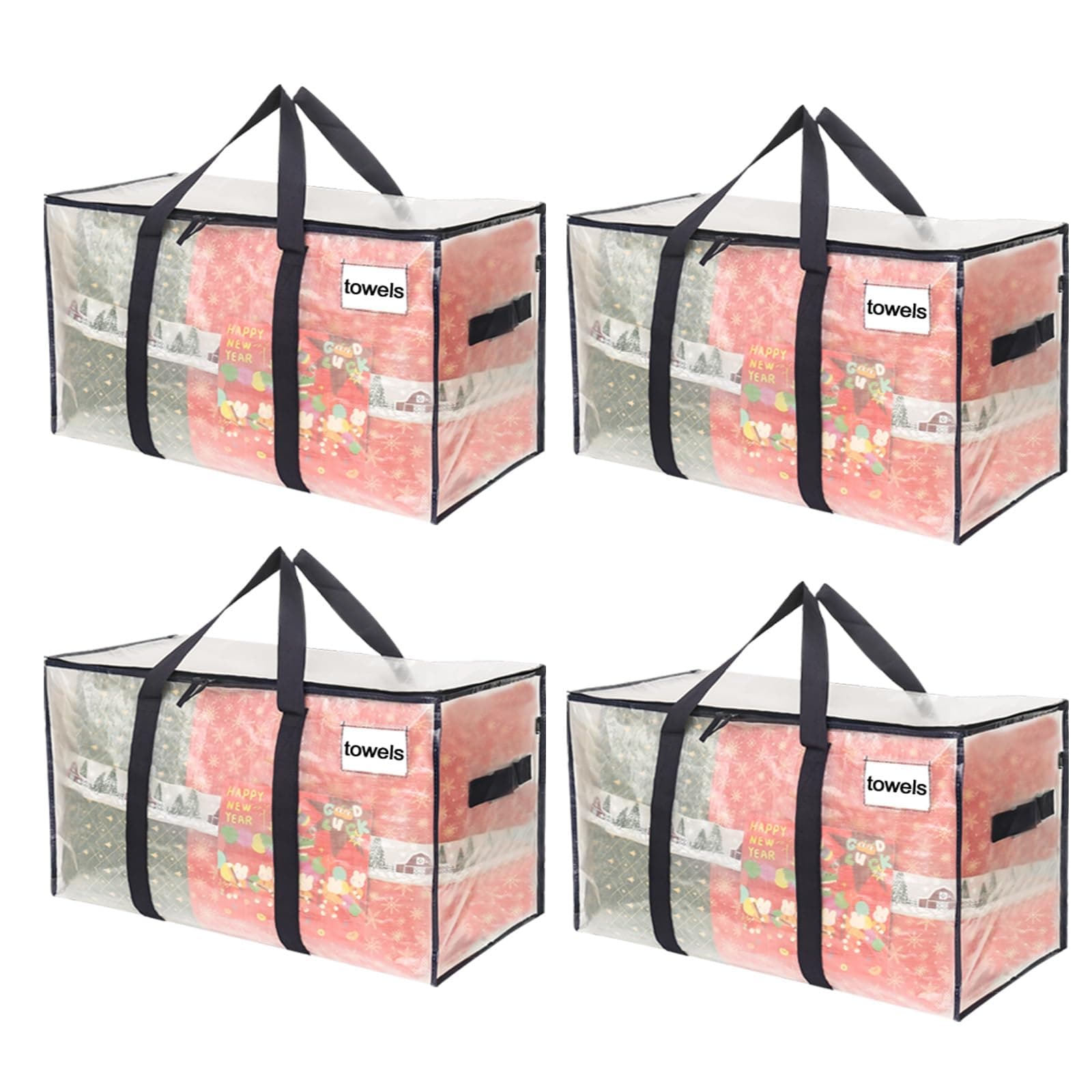 VENO 4 Pack Extra Large Moving Storage Bags with Zips, Heavy-Duty Organizer Tote, Moving Box Alternative, Packing Supply, Clothes Storage Bin, Tag Pocket for Label, Water-Resistant (Clear, 4 Pack)