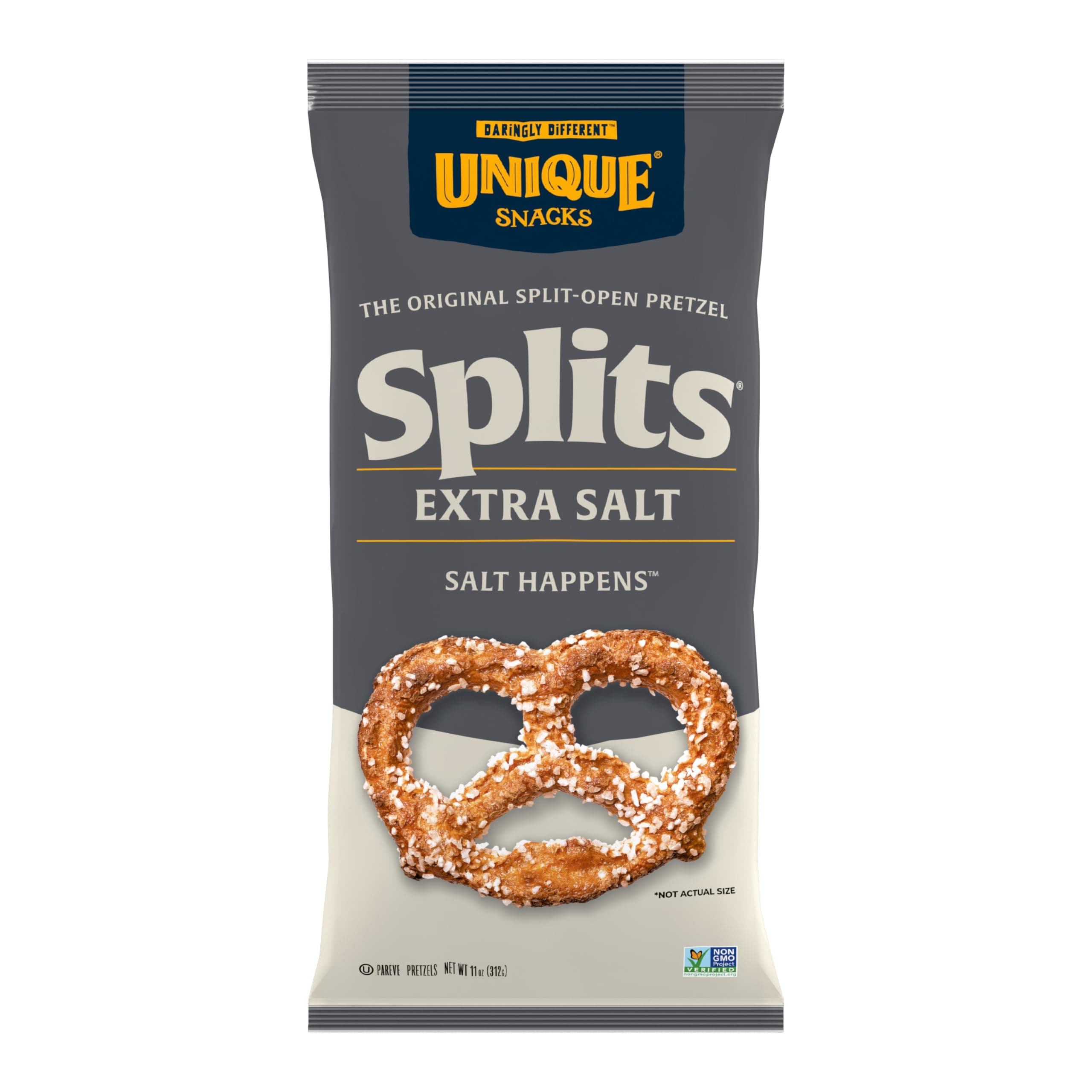 Unique Snacks Extra Salt Splits Pretzels, Original Split-Open Pretzels, Delicious Homestyle Baked Snack Bag, OU Kosher, and Non-GMO Food, No Artificial Flavor, 11 Oz. Bag, Pack of 6