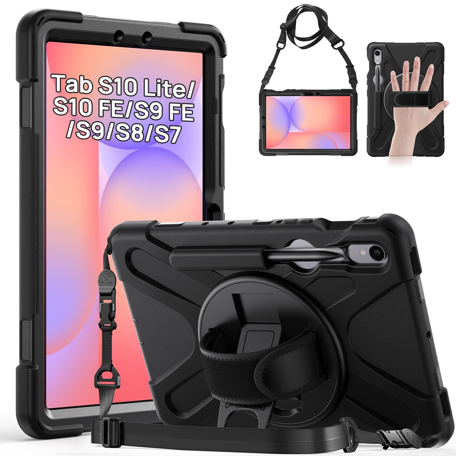 Case for Samsung Galaxy Tab S10 Lite/S10 FE/S9 FE 10.9 Inch/Tab S9/S8/S7 11 Inch Tablet Case Shockproof, Heavy Duty Rugged with Pen Holder 360° Stand/Hand&Shoulder Strap Protective Case, Black