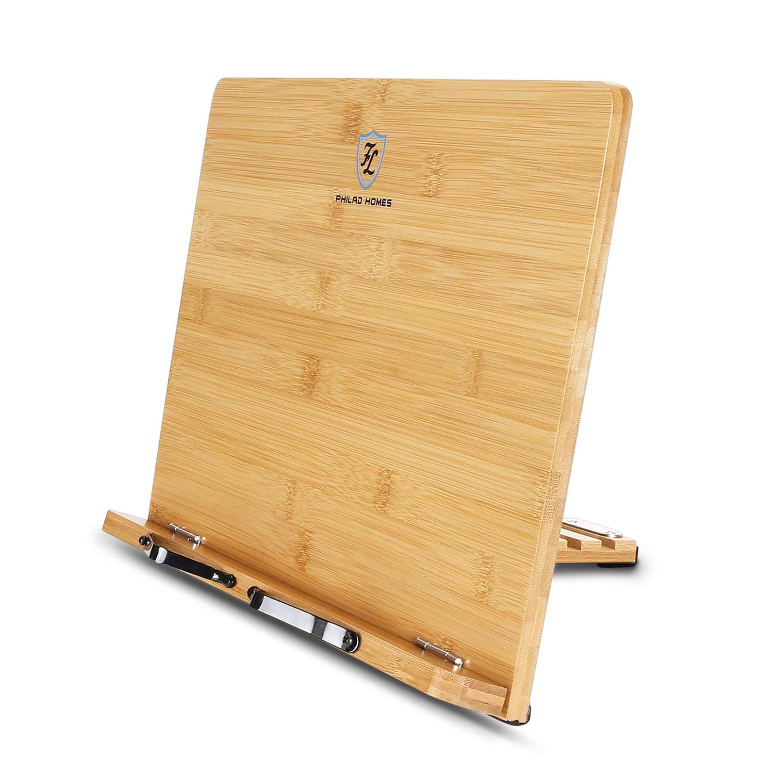 Philad Homes XL Bamboo Book Stand for Reading, Lockable Angle, 15.3 x 11 Inches, Foldable Tray with Capacity of 250 Papers, Cookbook Holder, Desktop Book Holder for Reading Hands Free