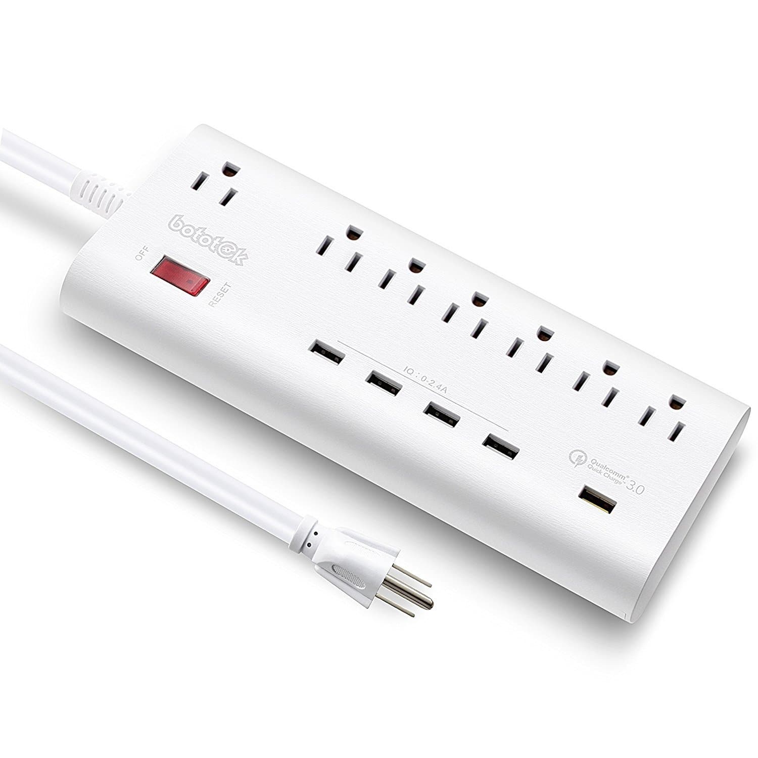 [Quick Charge 3.0] Bototek Power Strip with 7 AC Outlets 5 Smart USB Charging Ports with 6ft Cord 900 Joules, for Smart Phones & Tablets,White
