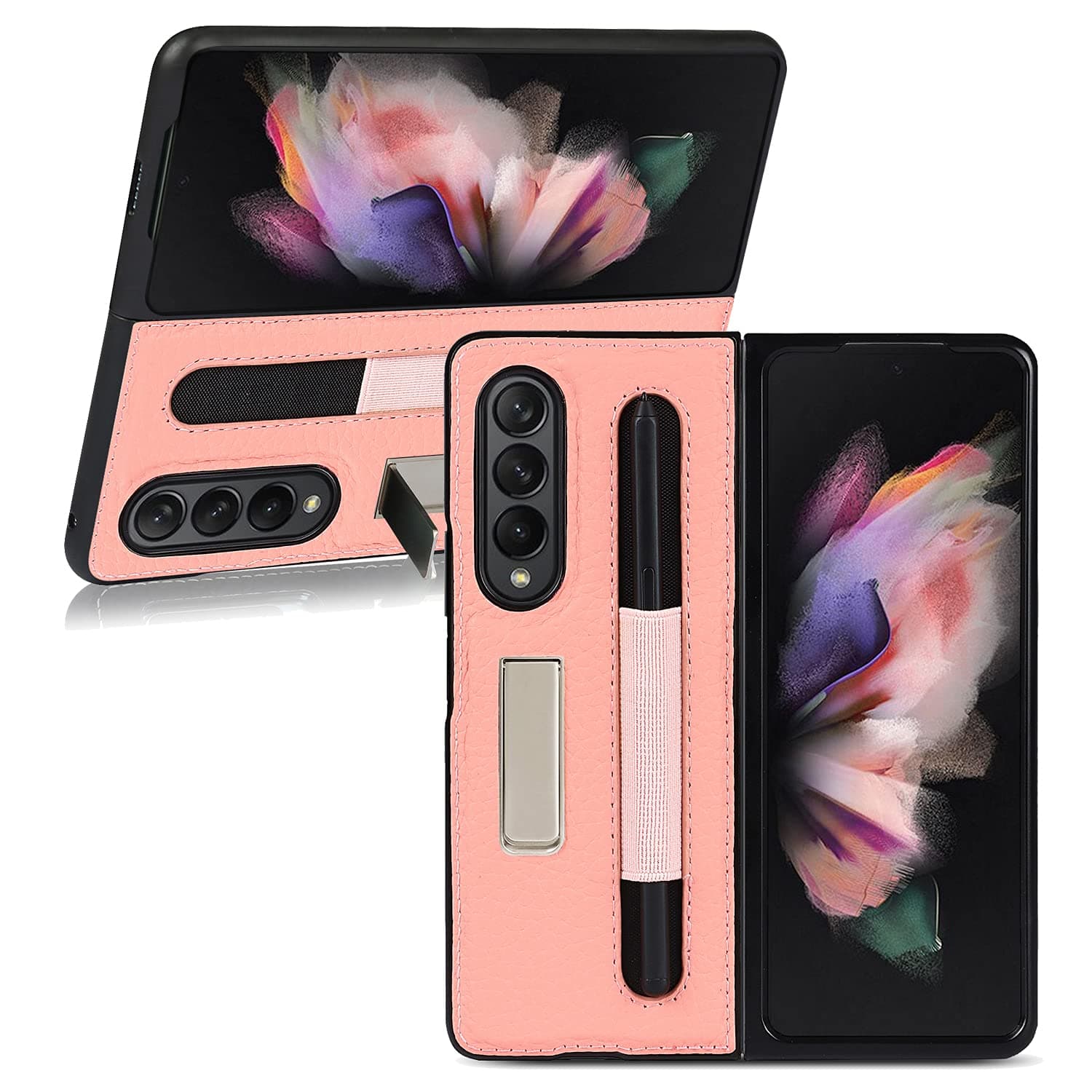 for Samsung Galaxy Z Fold 3 Case with S Pen Holder and Kickstand, Samsung Z Fold 3 Case, Anti-Fall S Pen Fold Edition (Pink)