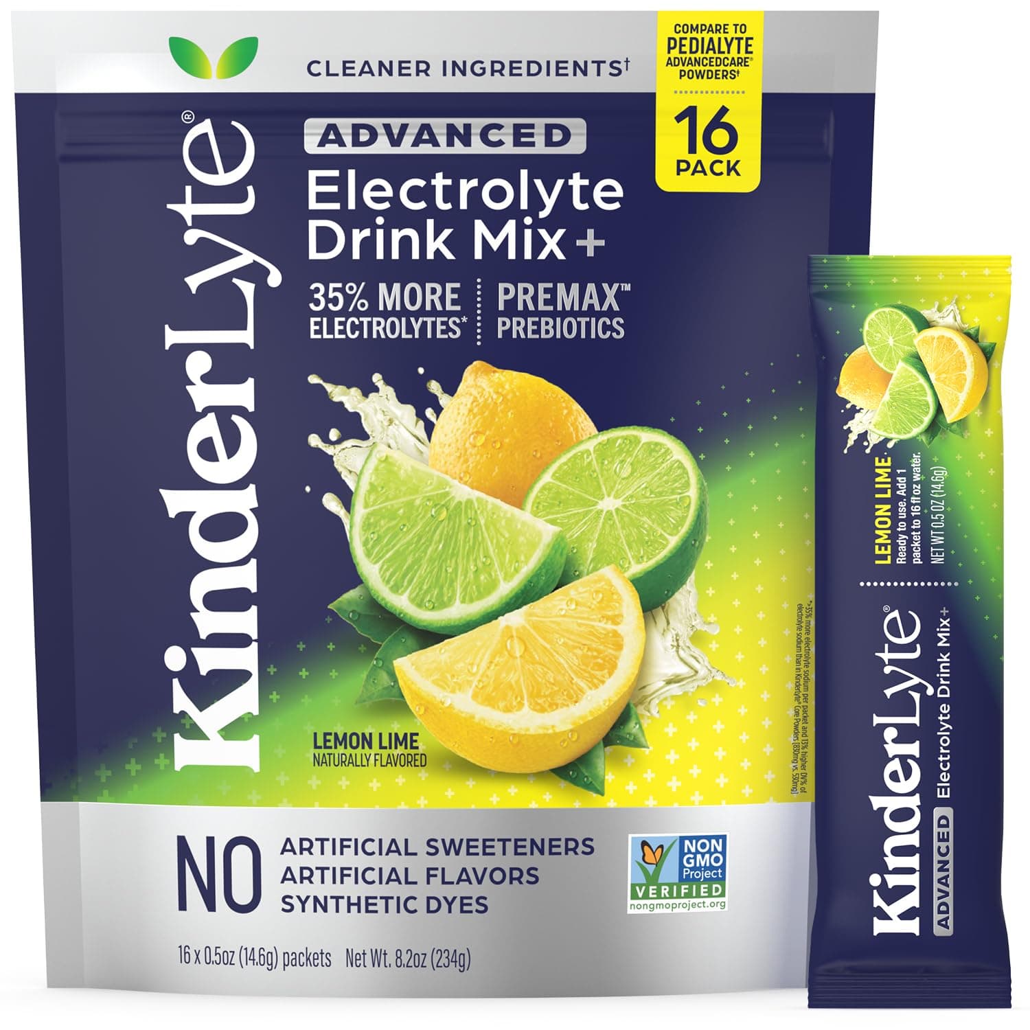 Kinderlyte Electrolyte Powder, Advanced Hydration, Easy Open Packets, Supplement Drink Mix (Lemon Lime, 16 Count)