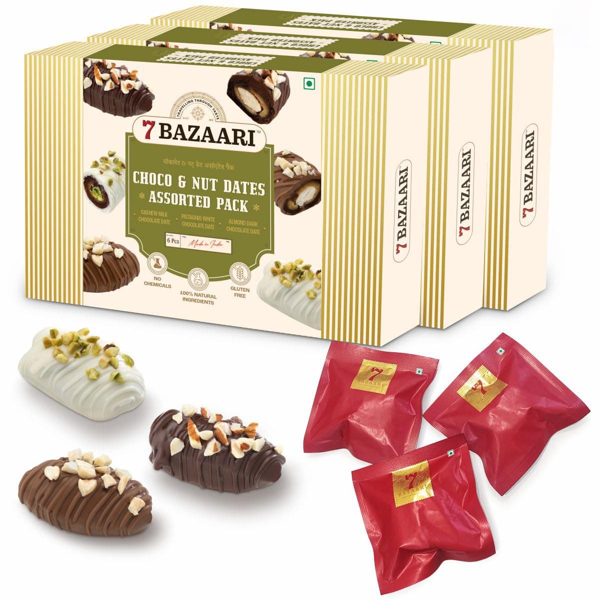 7 BAZAARI™ Premium Choco & Nut Dates - No Added Sugar, Gluten Free, Natural Ingredients - Assorted Almond Dark Chocolate, Cashew Milk Chocolate- 6pcs (Pack of 3)