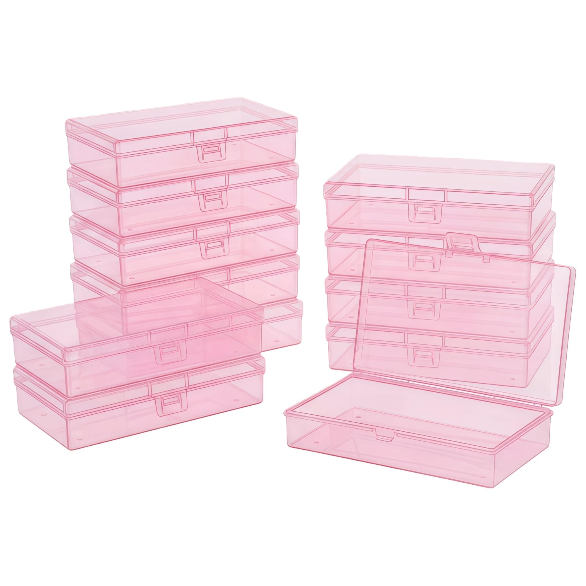 LJY 12 Pack Pink Plastic Storage Boxes with Lids 13.5 x 8 x 3 cm – Rectangular Medium Containers for Diamond Art Accessories, Beads, Crafts and Hardware, Stackable Organiser Box Set