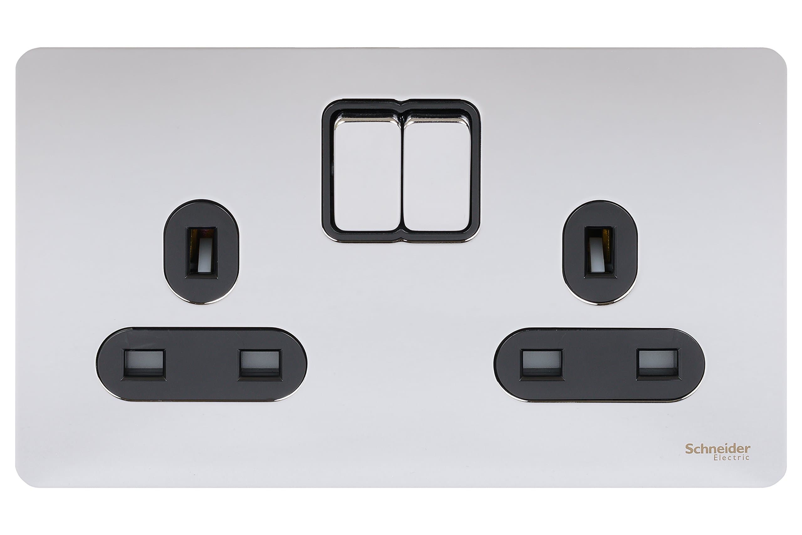 Schneider Electric Ultimate Screwless Flat Plate - Switched Double Power Socket, Double Pole, 13A, GU3420DBPC, Polished Chrome with Black Insert