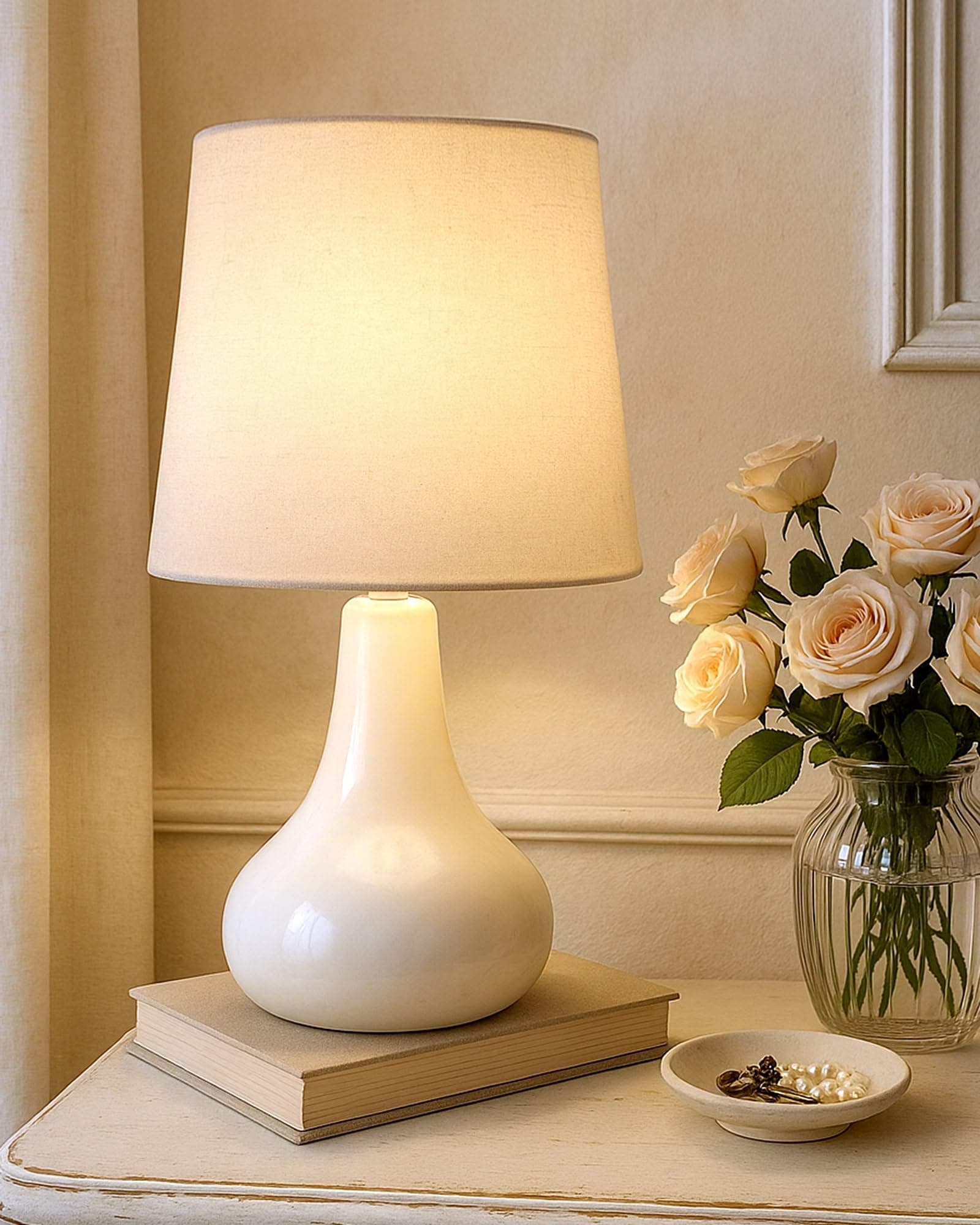 Modern Small Ceramic Table Lamp, Classic Bedside Desk lamp for Living Room Bedroom, Farmhouse Nightstand Lamps with Fabric Shade (White)