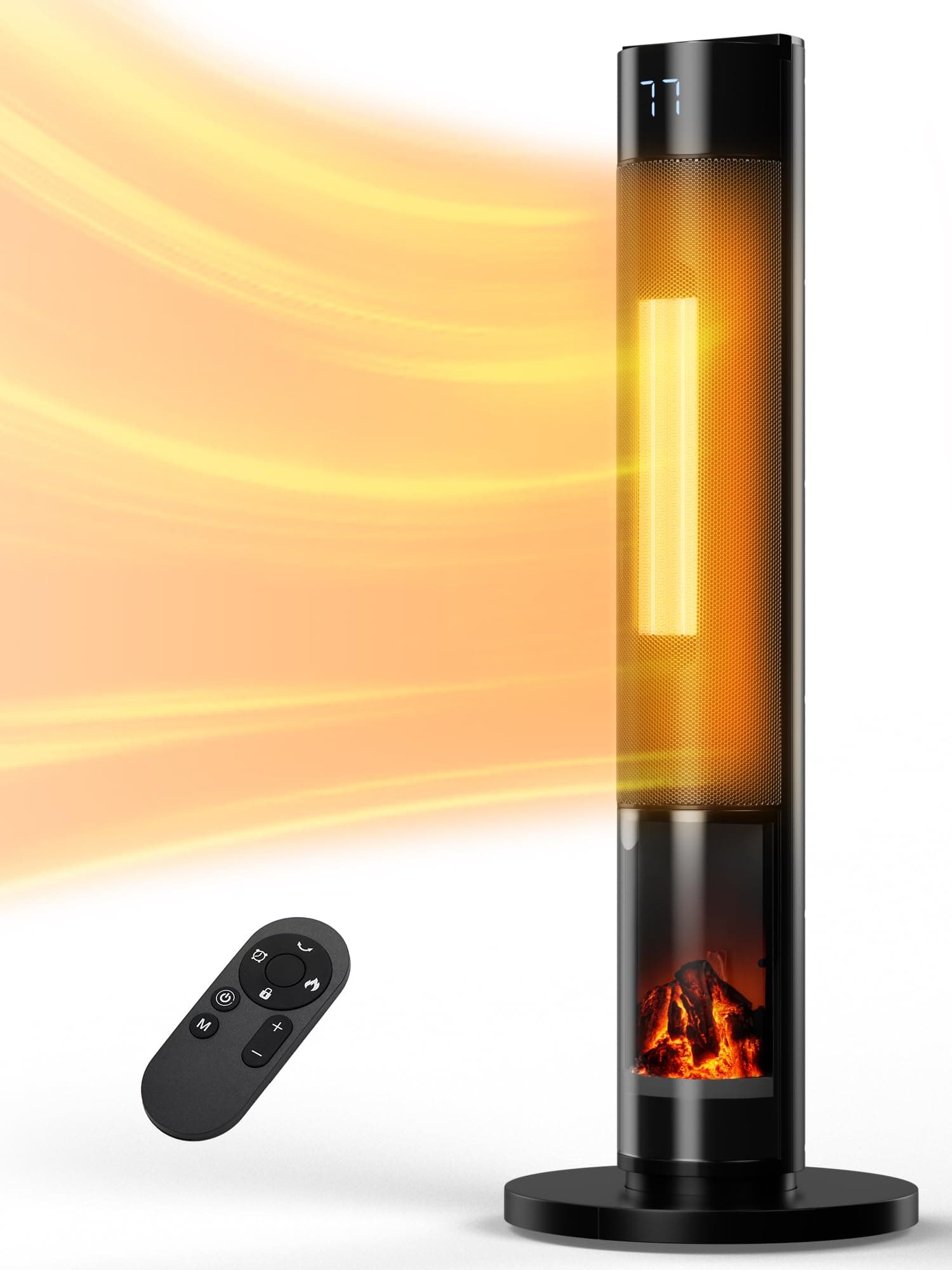 Space Heaters for Indoor,34”Large PTC Ceramic Heater with Flame,1500W Electric Heater with Thermostat,80°Oscillating Portable Tower Heater with Remote for Room,Bedroom,Home,Office(Black)