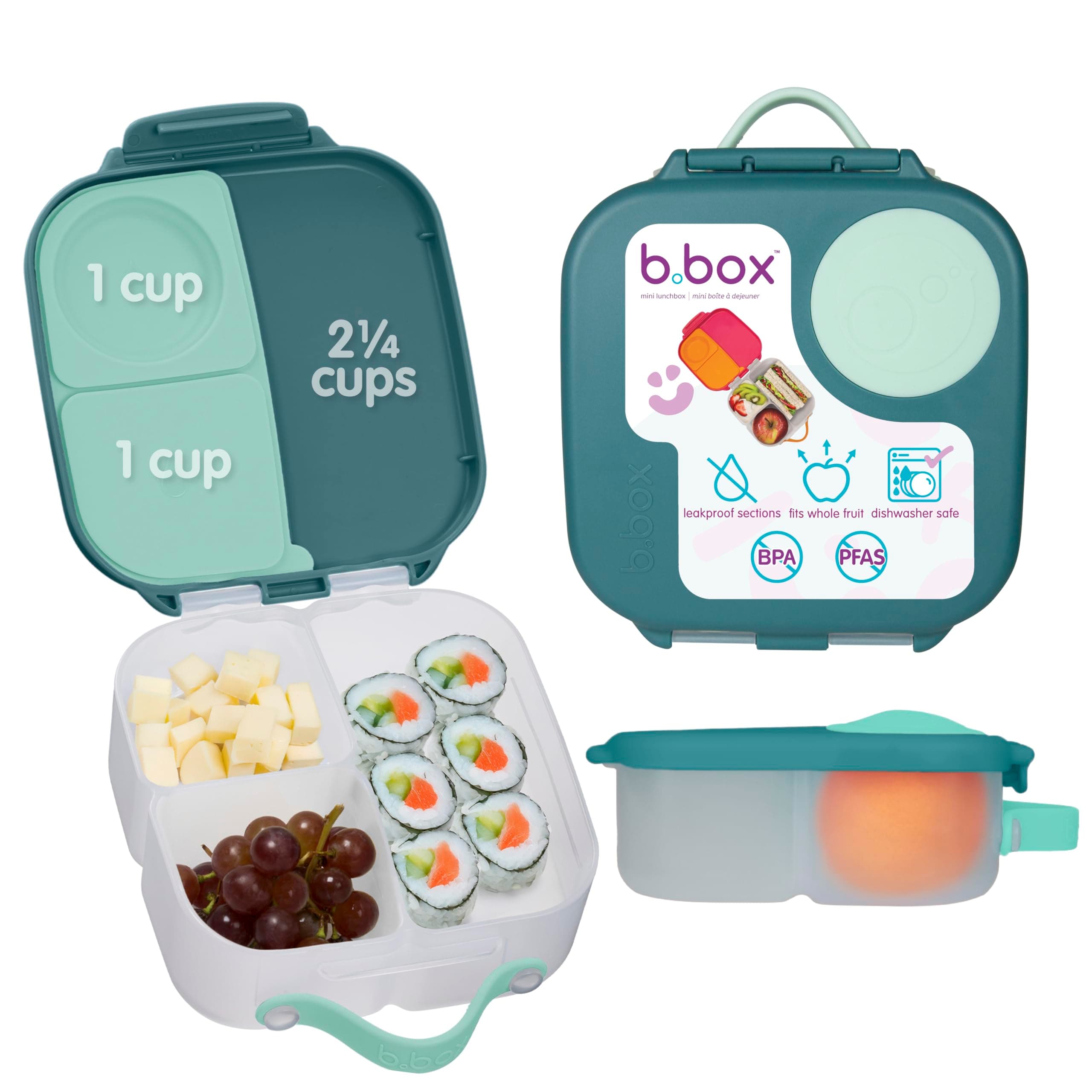 Mini Lunch Box - 4.25 Cup Leak Proof Bento Box for Kids Ages 3+ - 3 Compartment Snack Containers, School Lunch Container, Dishwasher Safe, BPA-Free, PFAS-Free - Emerald Forest
