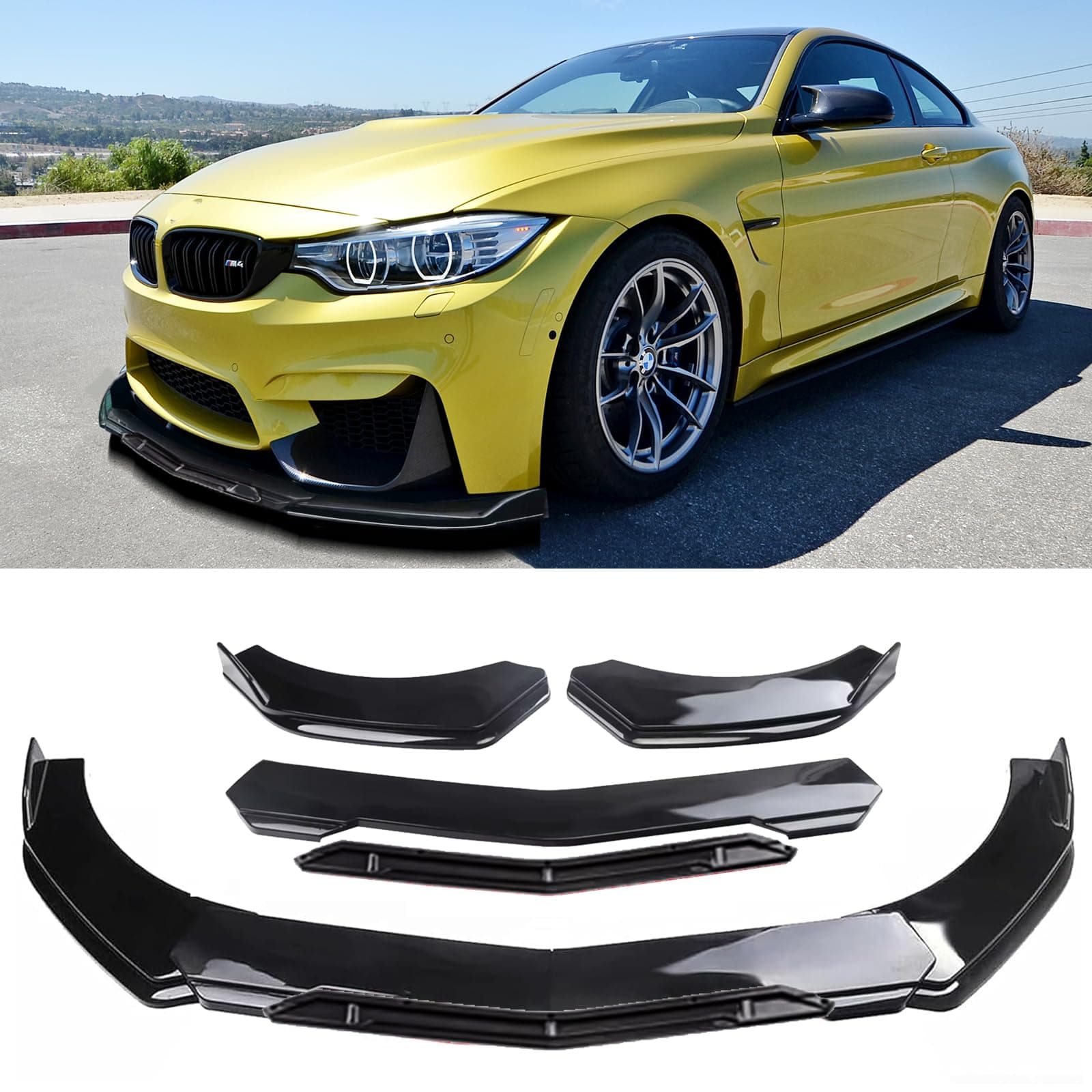 Universal Front Lip for Car,Glossy Black Front Bumper Lip, ABS Adjustable Sharp Corner Front Bumper Lip Splitter Protector Replacement for Most Vehicle (Glossy Black w/Black)