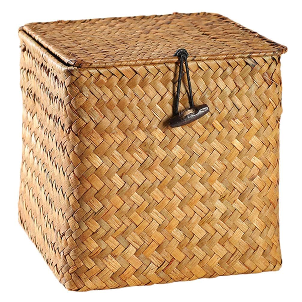 DOITOOLStraw Rattan Storage Basket with Lid Square Basket Storage Container Tea Storage Box with Lid Organiser Home Decoration (Medium)