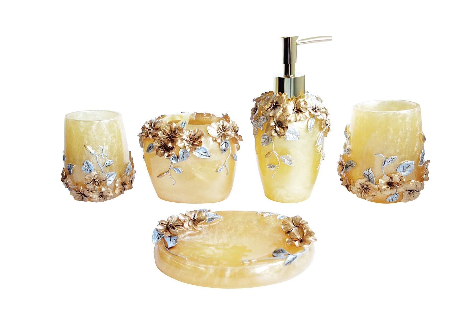 NarwalDate High Grade 5 Pieces Bathroom Accessory Set with Luxury Rose Ensemble,Retro Golden Resin Bathroom Accessory Set (Gold)