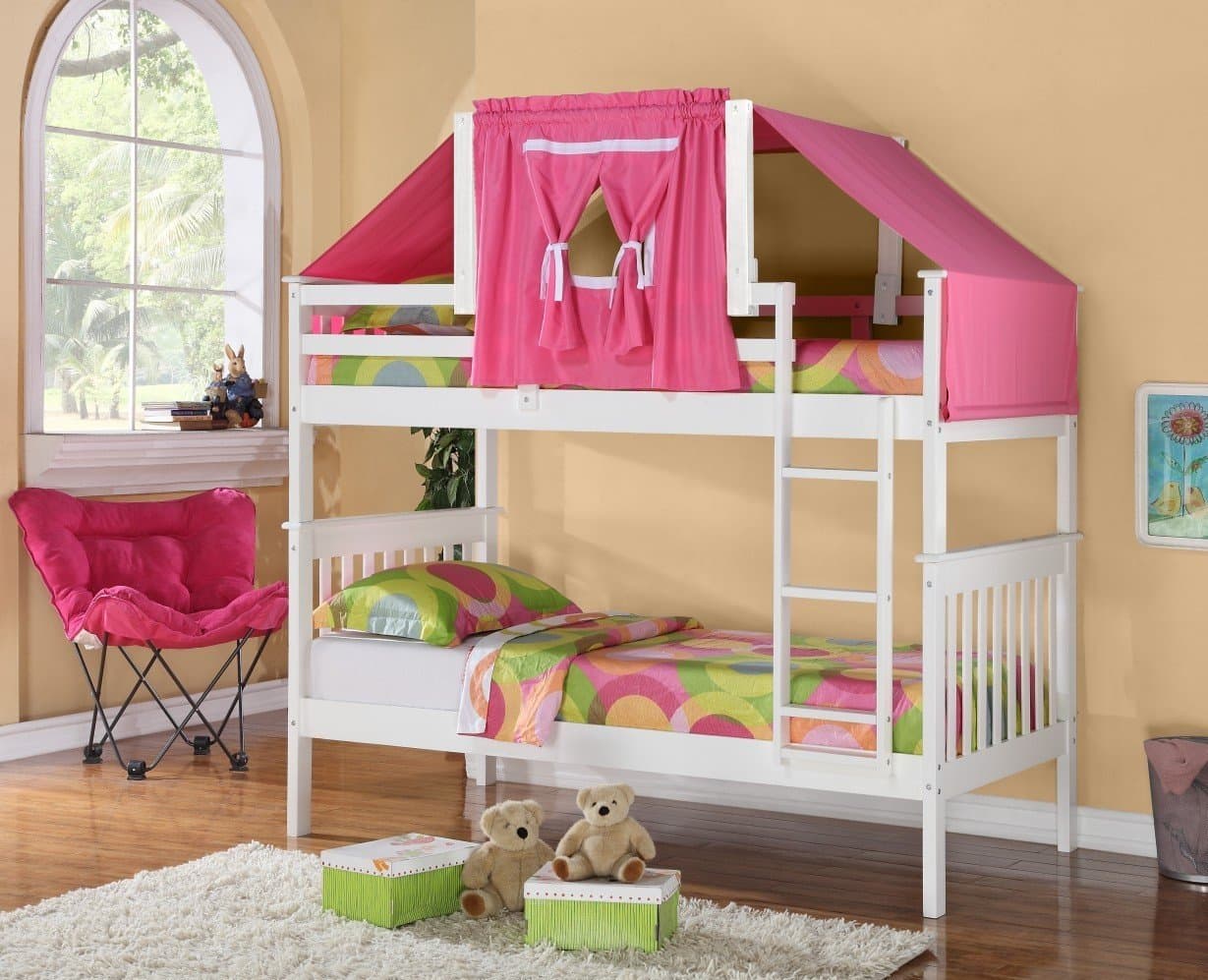 Low Loft Bed Tent Kit - Pink, White (Bed Sold Separately) & Free Storage Pockets