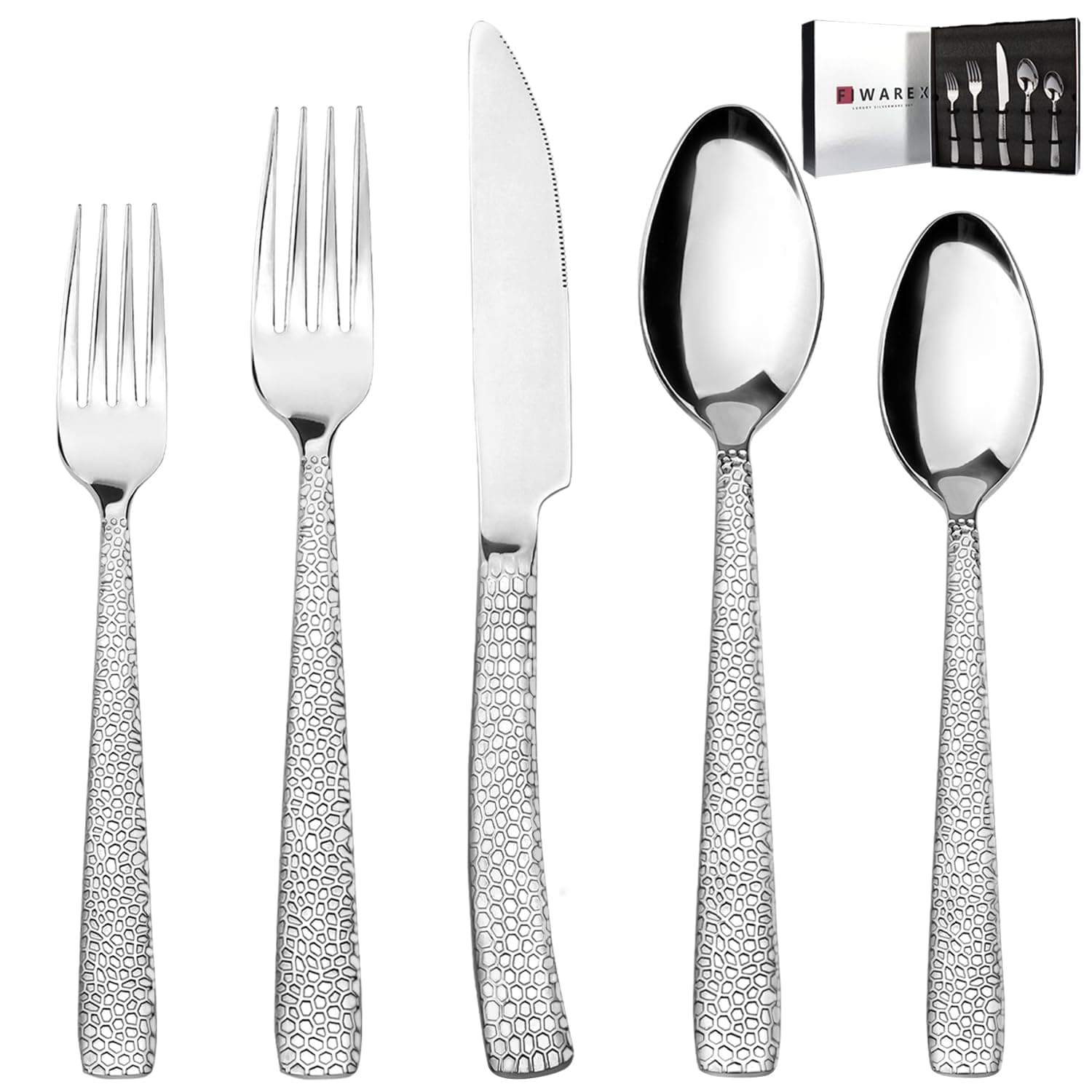 Hammered Silverware Set, 20 Piece 18/10 Stainless Steel Square Flatware Set For 4, Luxury and Durable Cutlery Set, Forks Spoons and Knives Set with Gift Box, Mirror Polished, Dishwasher Safe