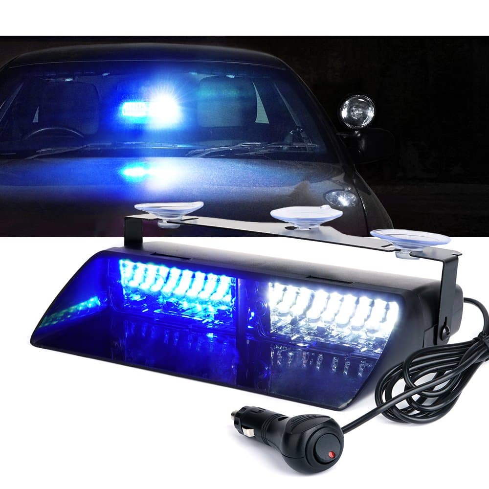 Xprite White Blue LED Emergency Dash Strobe Light, Interior Windshield Safety Warning Flashing Lights w/Suction Cups,12V Windshield Visor Light Bar for Police Law Enforcement Volunteer Vehicles Trucks