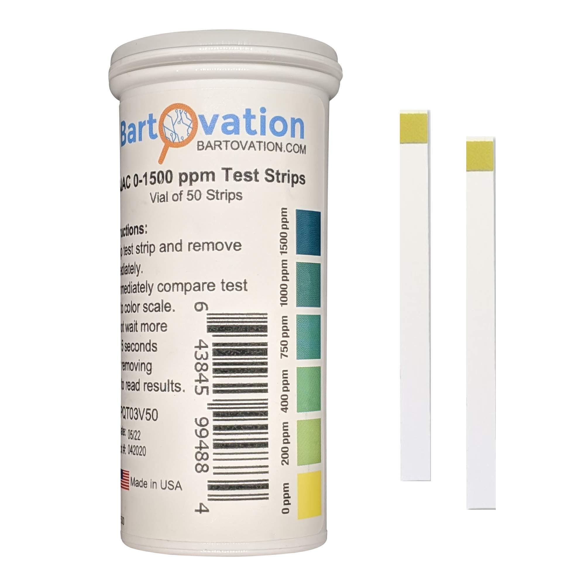 Bartovation Quaternary Ammonium (Qac, Multi Quat) Sanitizer Test Strips, 0-1500 Ppm [Vial Of 50 Strips]