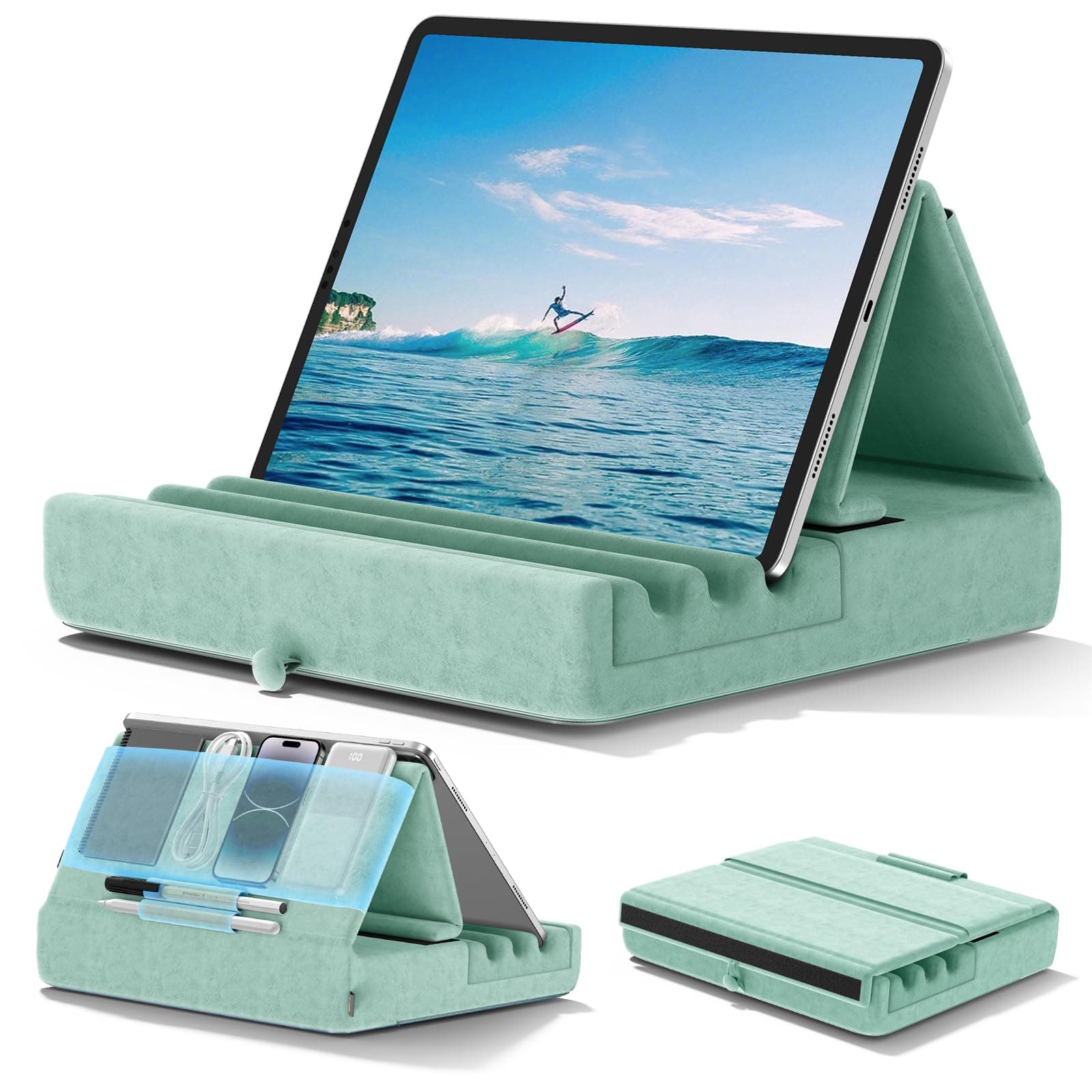 KDD Tablet Pillow Holder, Foldable iPad Stand for Lap, Bed and Desk -Tablet Soft Pad Dock with Pocket & Stylus Mount Compatible with iPad Pro 12.9, 10.5, 9.7 Air Mini 6 5 4 3, Kindle, E-Reader, Green