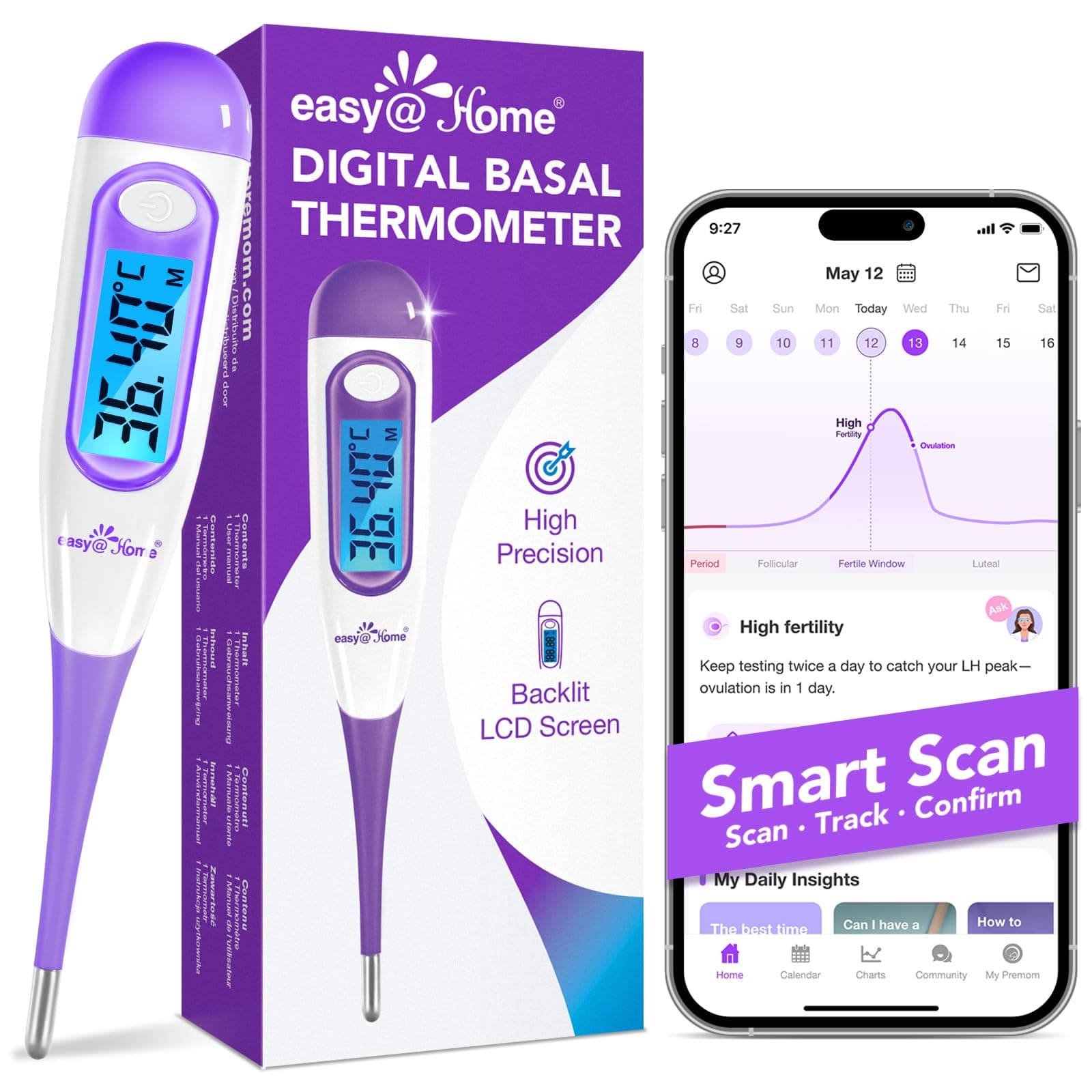 – Digital Basal Thermometer Ovulation with Backlight LCD Display, Premom APP(NOT Bluetooth), 1/100th Degree High Precision, Memory Recall, Ovulation Tracking, Charting & Natural Family Planning, Purple