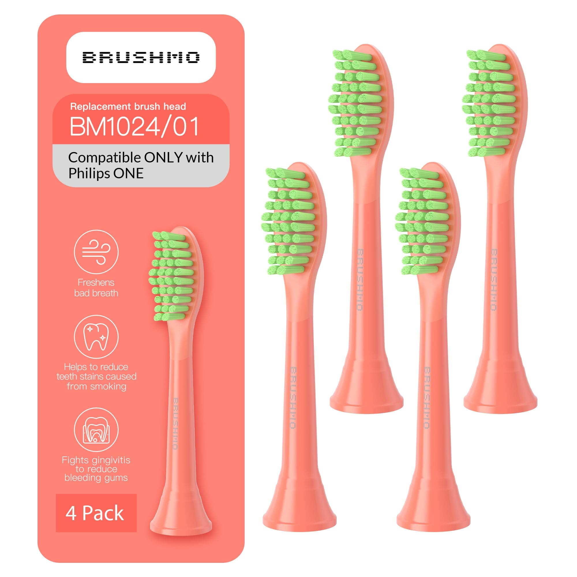 Brushmo Replacement Toothbrush Heads, Compatible with Philips One for Sonicare Electric Toothbrush Handles HY1022, 4 Standard Heads with Tongue Cleaner, Soft Dupont Bristles, BM124m, Miami Coral