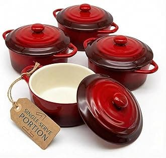 Mini Cocotte, Casserole Dish, Dutch Oven, Ceramic Make, Easy to Lift Lid, Set of 4, (Red Gradient)