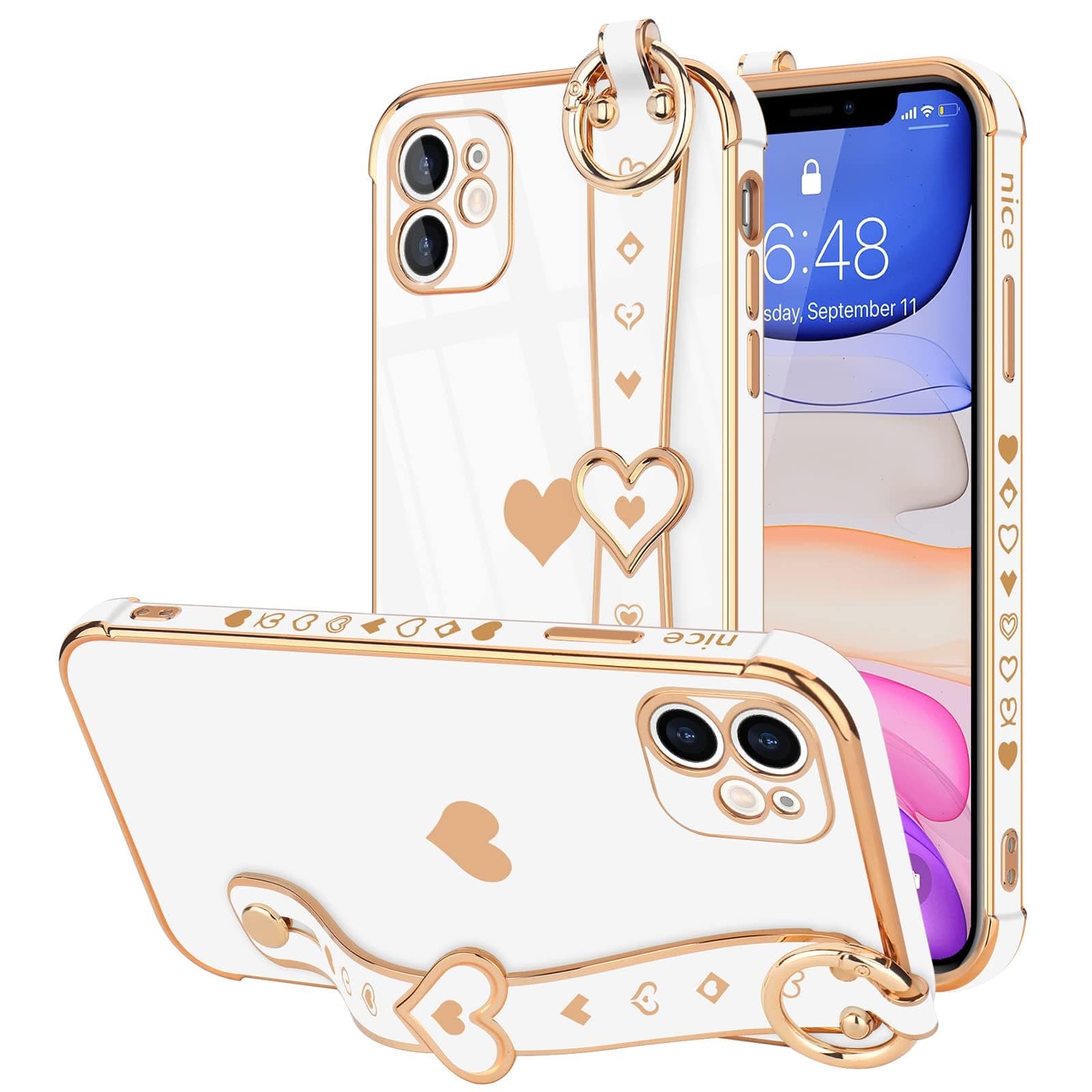 for iPhone 11 Case Cute Love-Heart Plating Strap Phone Cover for Women Girls Bling Soft Silicone Camera Lens Protection Bumper Shockproof Phone Case for iPhone 11 (6.1'') - White