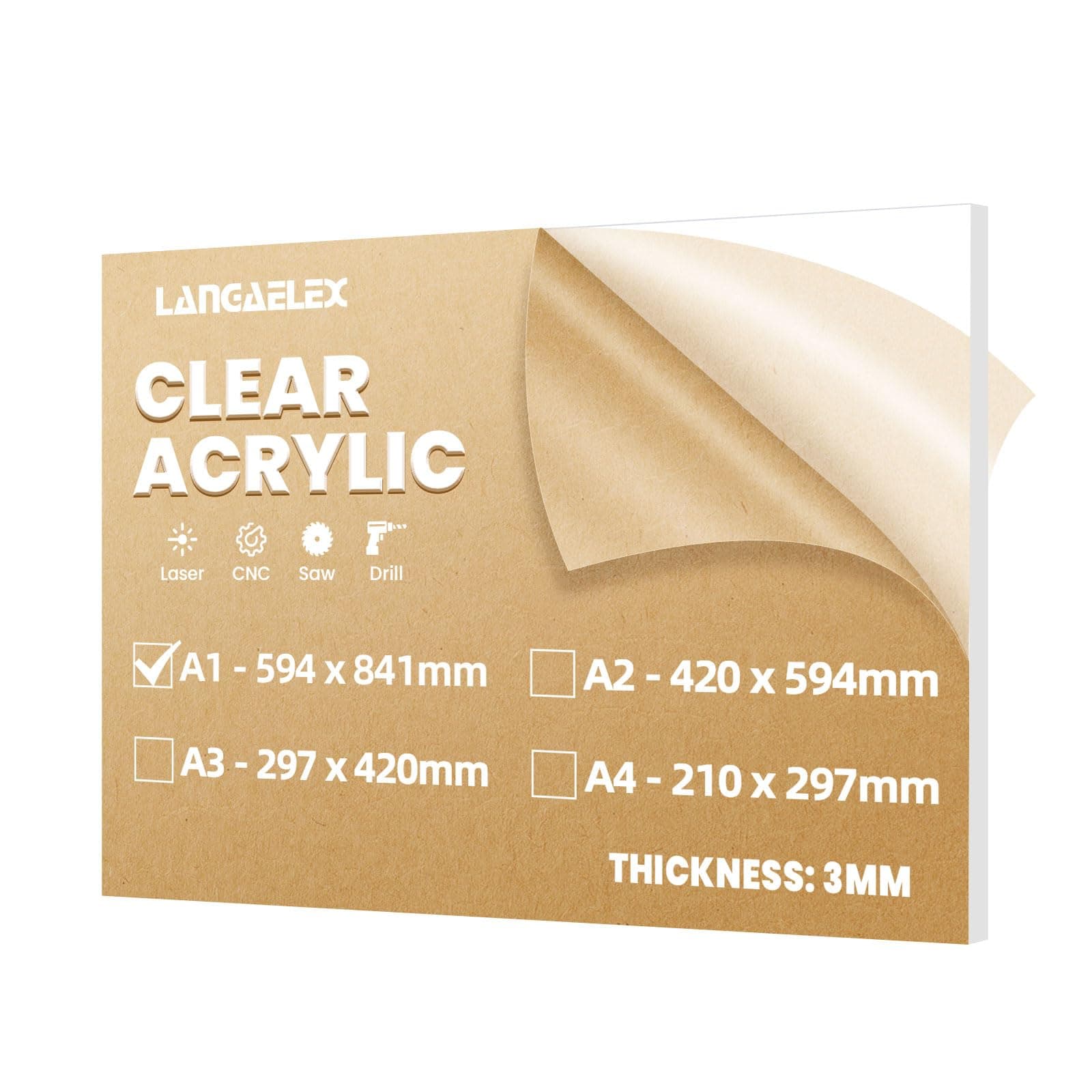 A1 Clear Cast Acrylic Sheet 594 x 841 mm, 3 mm Thick Perspex Sheet cut to Size for Laser Engraving, Wedding Sign, DIY and Crafts Project