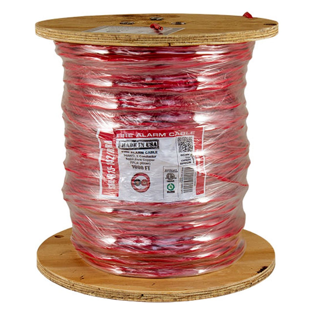 Vertical Cable Fire Alarm Cable, 14 AWG, 2 Conductor, Solid, Unshielded, FPLR (Riser), 1000ft Spool, Red - Made in USA