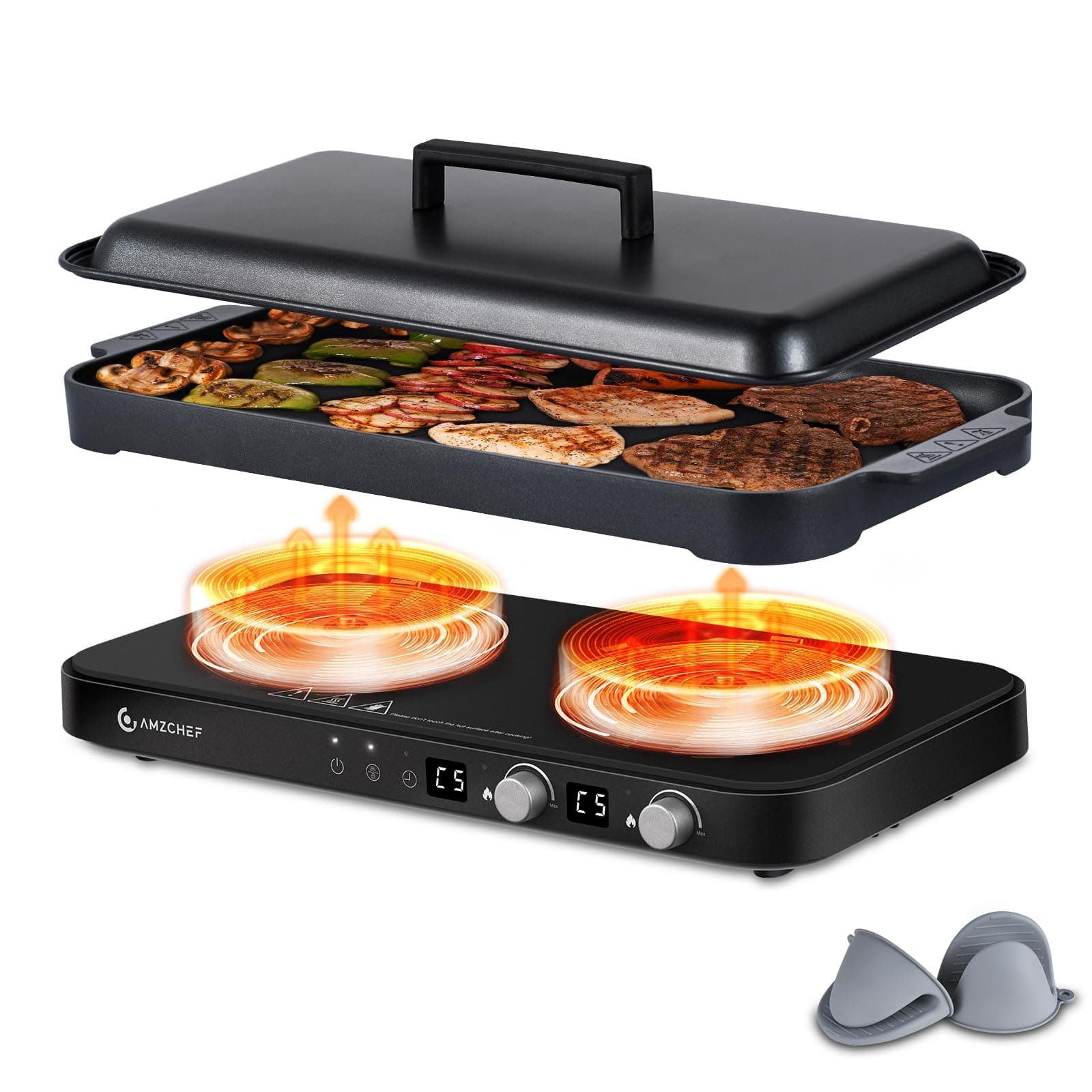Double Induction Cooktop with Removable Griddle Pan Non-stick, 1800W 2 burner Portable Induction Stove With Sensor Touch 9 Power Levels, 99 Min Timer, Black