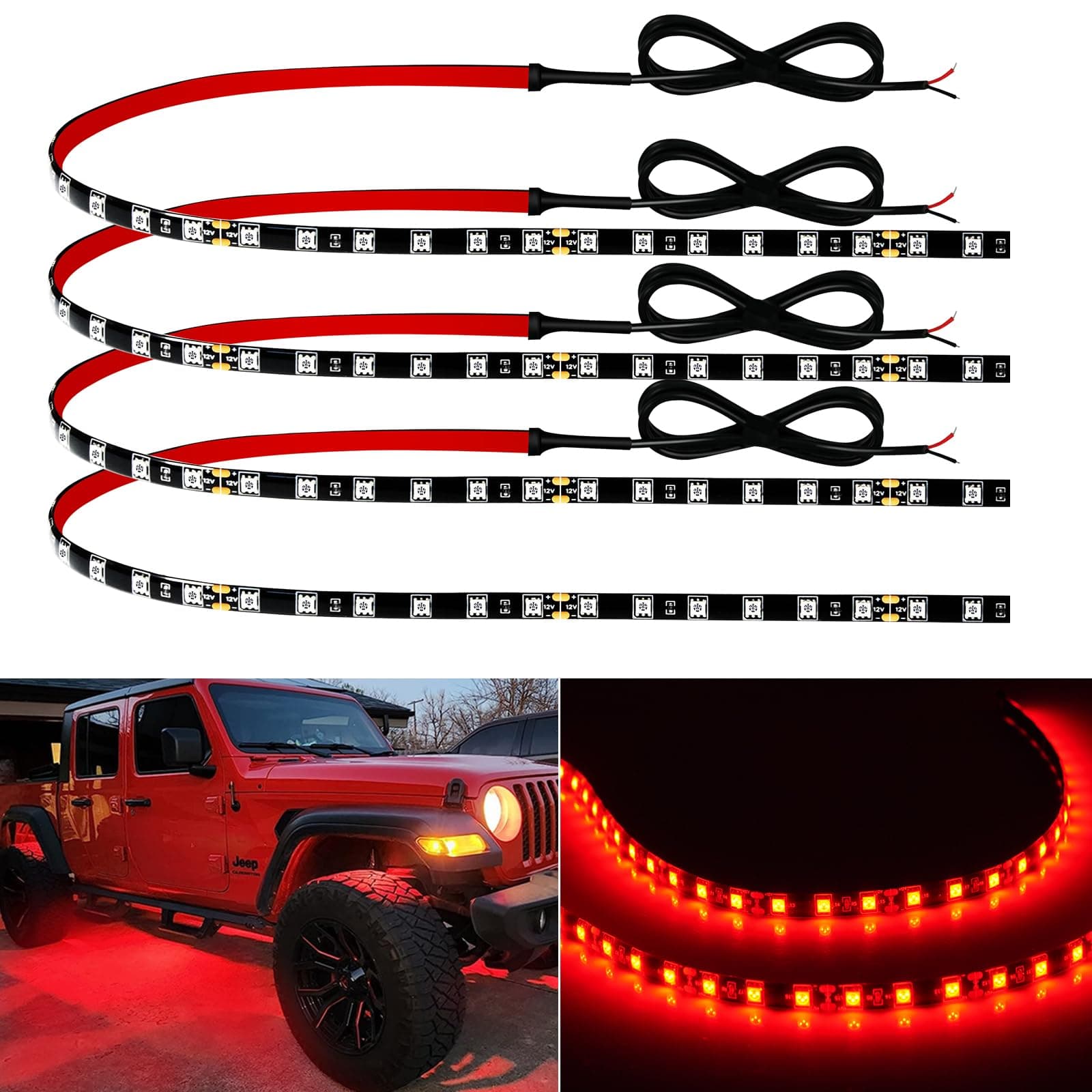 Red Led Strip Lights 24" Connectable 12V Led Light Strip for Cars Golf Cart Boat Marine Motorcycle Interior & Exterior Waterproof Car Light Strip, 4Pack