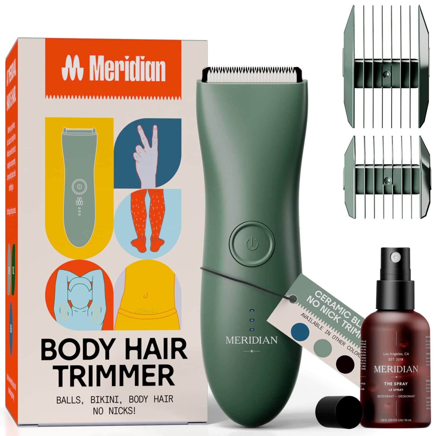 Meridian The Complete Package : Includes Men’s Waterproof Electric Below-The-Belt Trimmer and The Spray (50 mL) | Features Ceramic Blades and Sensitive Shave Tech (Sage)