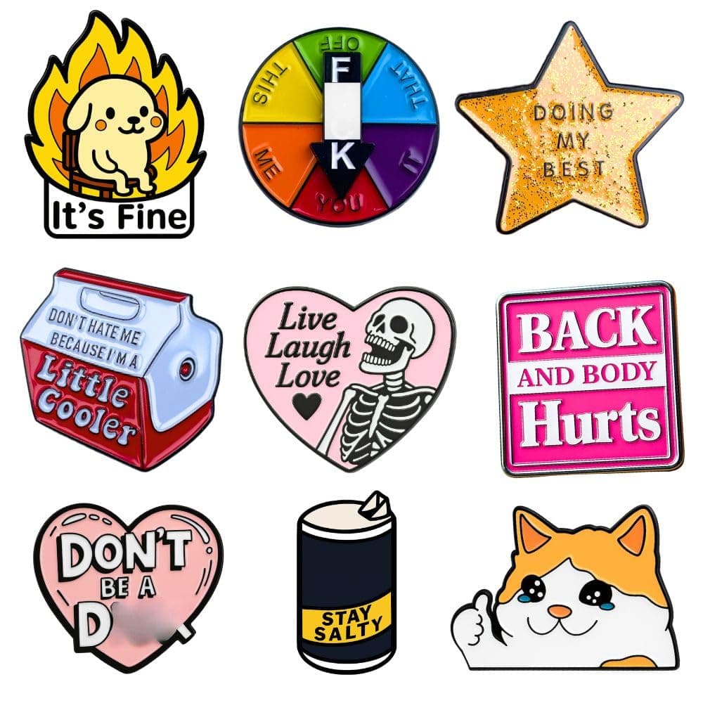 9PC Funny Enamel Pins Pack Cute Cool Fun Pin for Lapel Backpack Jacket Hat Bag Adult Teens Girls Boys, Small Buttons Unique Novelty Mood Assorted Cartoon Cheap Bulk Craft Supply Accessories Gifts