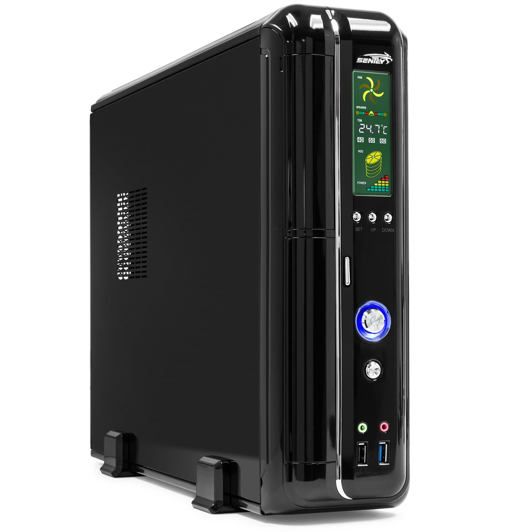 Computer Case Micro Atx Itx Slim Sentey® USB 3.0 + USB 2.0 Htpc Hd Audio + Mic / Micro ATX Case / Mini Itx Case / 80mm Fan Cooler / 2.5" SSD Support / Full Color Display Thermometer Temperature , Fan's and Devices Monitoring - Hd Audio - Support Any Micro Atx Power Supply (Non Included) / Home Theater Case or Working Station Compatible with Any Micro Atx Power Supply Best Pc Gaming, Home Theather Htpc and Desktop Computers Cases - Support Cheap and Expensive Parts Ultra Pro Compact Systems - Best! Ss1-2423