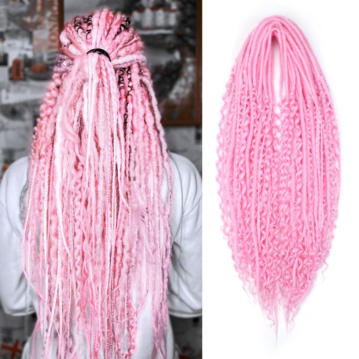 24 Inch 3 In 1 Dreadlock Extensions Sets, 30 Strands Mixed Hot Pink Synthetic DE Dreads Extensions, 100% Handmade Soft Double Ended Curly Boho Wavy Dreads for Girls