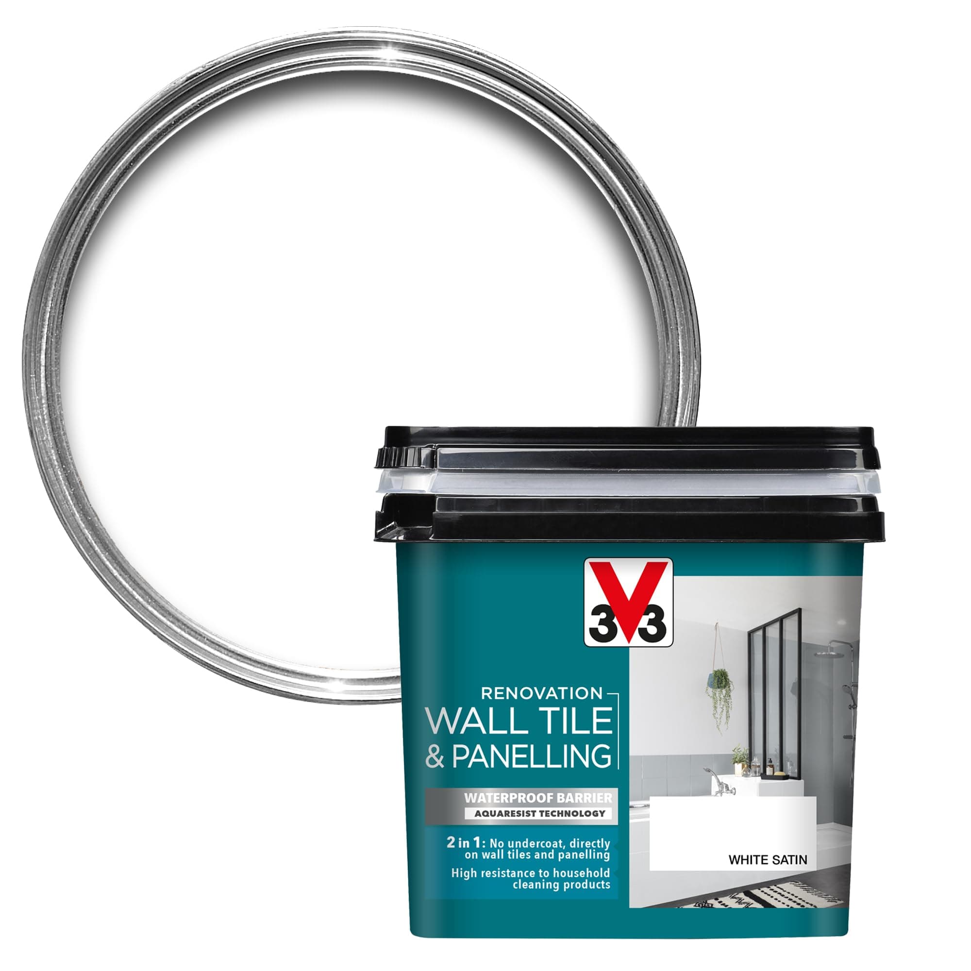 V33 Renovation Wall Tile & Panelling Paint - No Undercoat Needed - For High Moisture Surfaces - Resistant To Temperature Variations - White 750ml