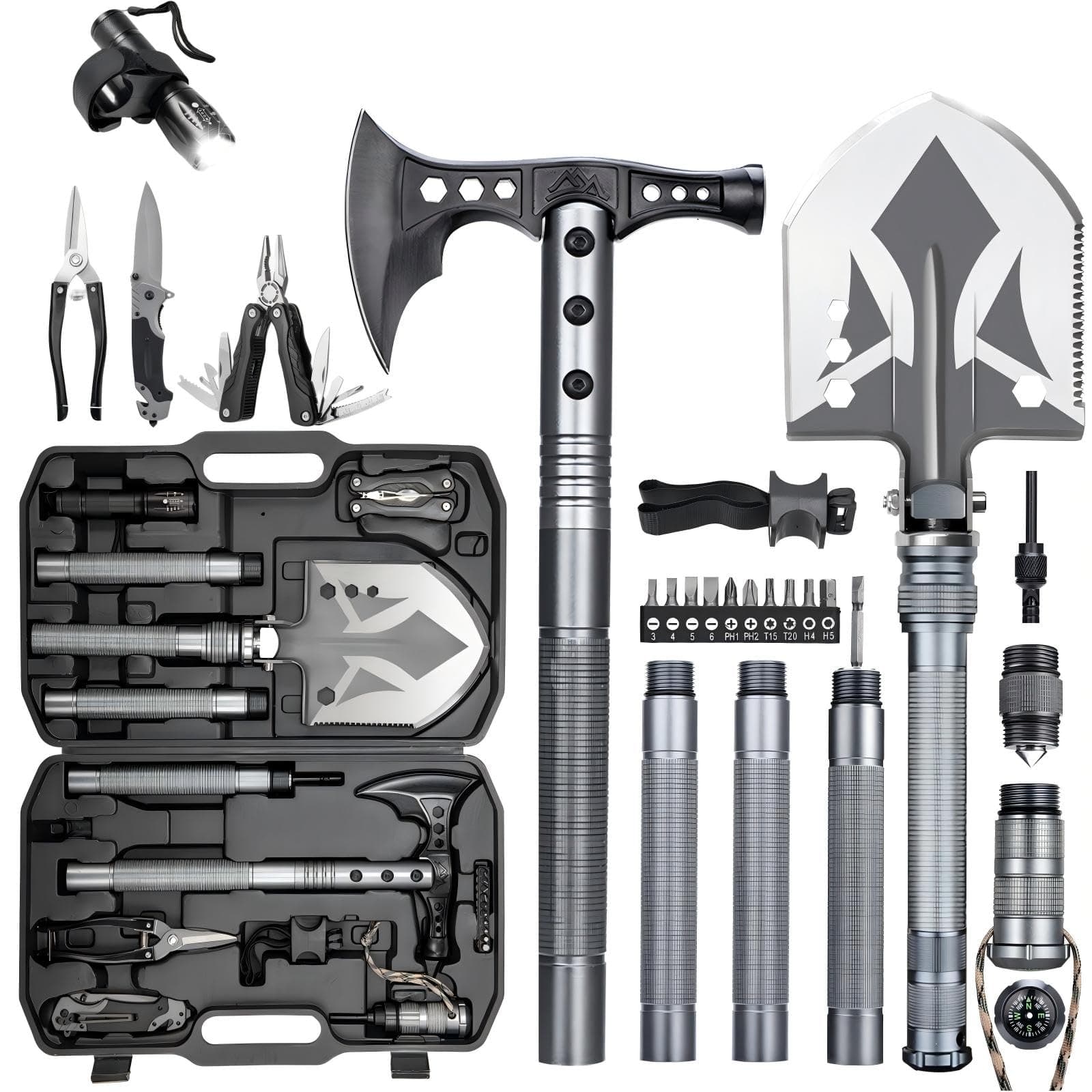 Multifunctional Folding Tactical Shovel Hatchet Combo - With Axe, Flashlight, Extension Handles - For Camping, Cycling, Hiking - 19.3-40.9 Inches