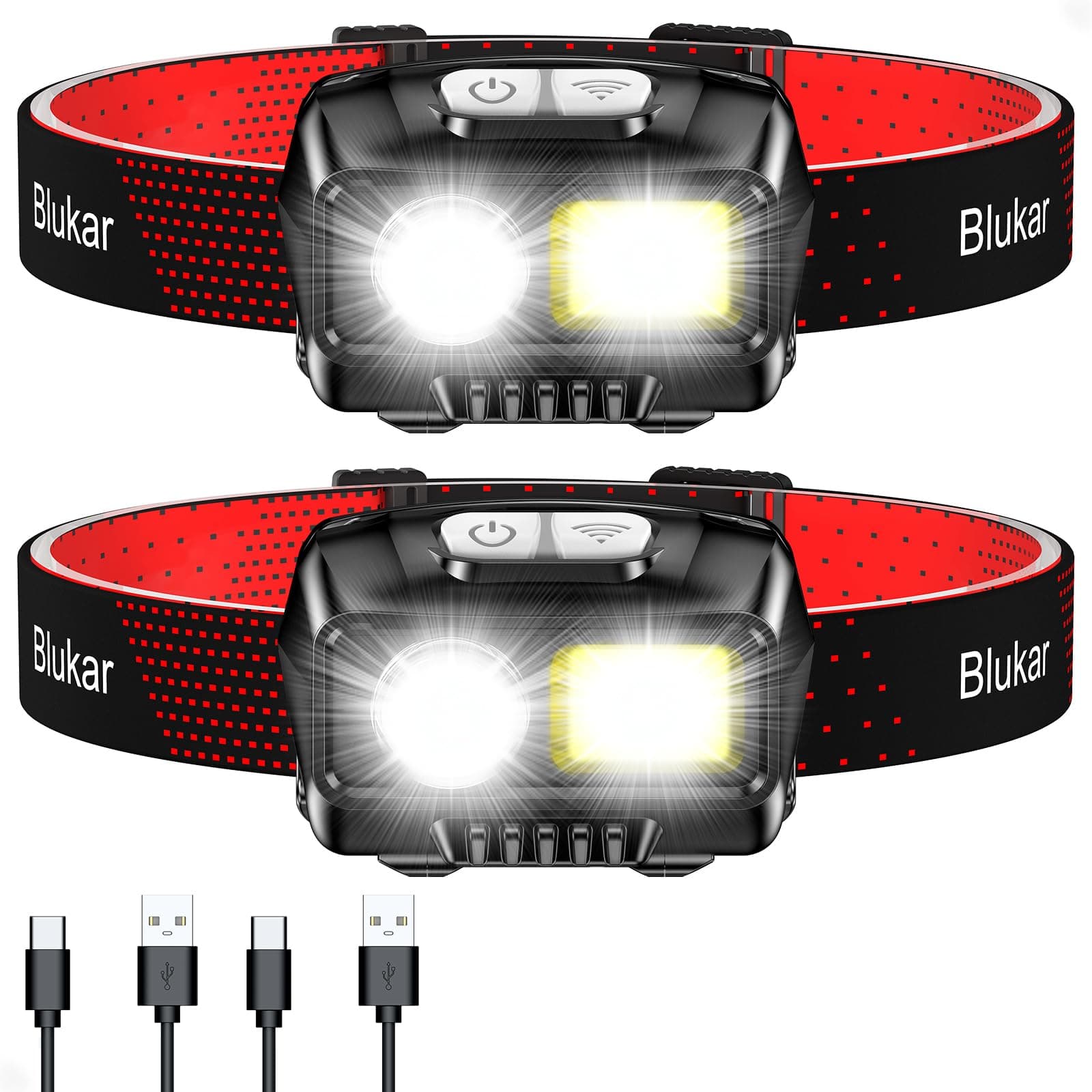 Blukar Head Torch Rechargeable, [2 Pack] 2000L Super Bright Lightweight Waterproof LED Headlamp with Red Warning Lights, 8 Light Modes, Motion Sensor Control, 30 Hrs Runtime, Black&red (K9111)