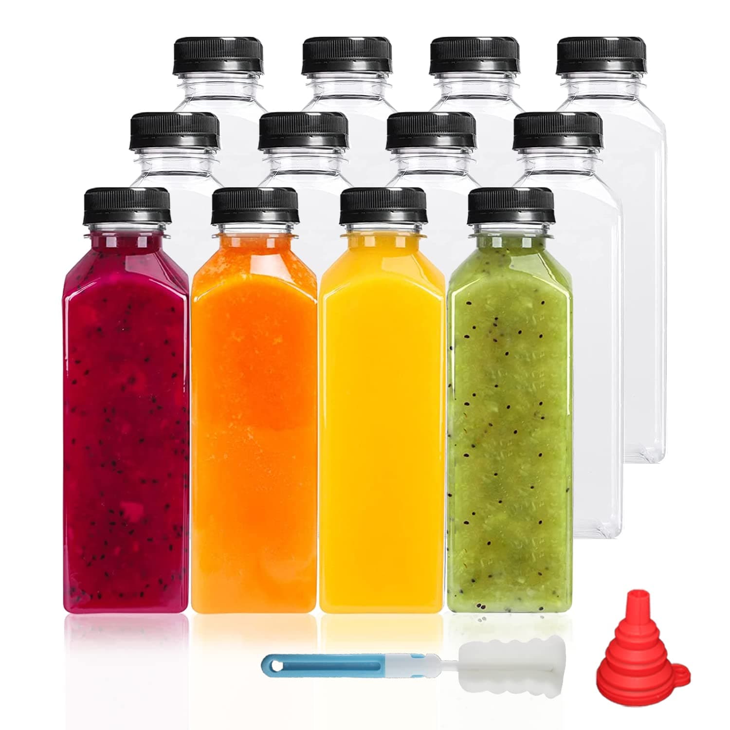 12 Pack 500 ml Clear Plastic Juice Bottles with Lids for Mini Fridge, 16 oz Empty Reusable Drink Containers for Smoothie, Milk, Juicing, and Other Drinkings.