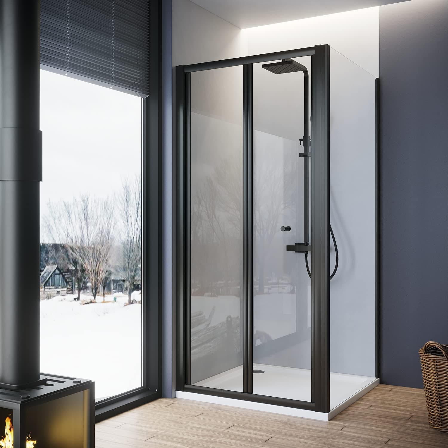 ELEGANT Black Bi Fold Shower Enclosure Inwards Opening, Space Saving Shower Door (800x800mm)