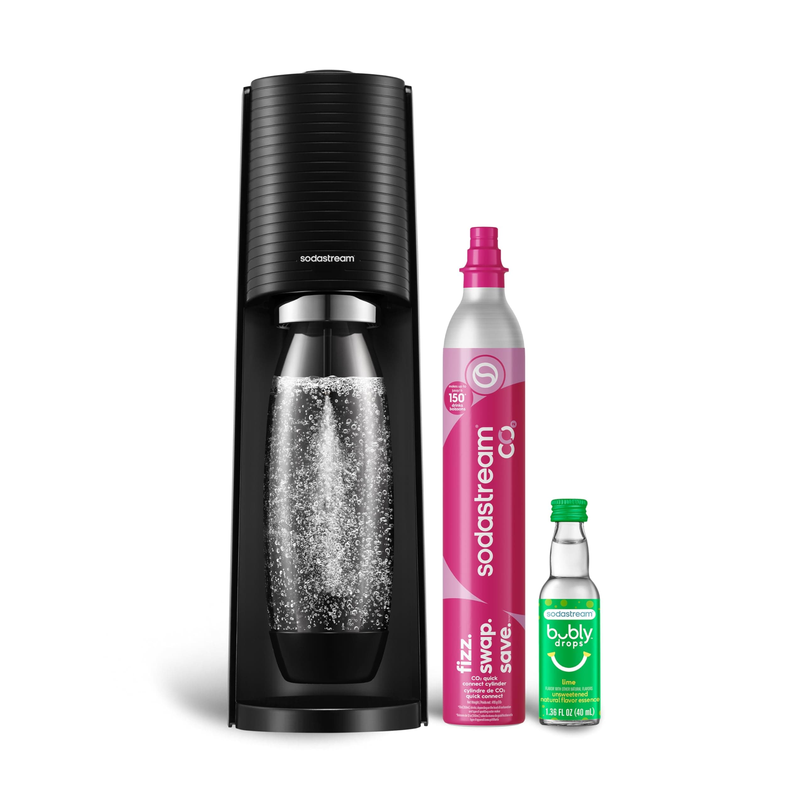 Terra Soda Streaming Machine - STARTER KIT - Sparkling Water Maker with CO2 & Bubly Drop - Eco-Friendly, No Batteries Needed - Black